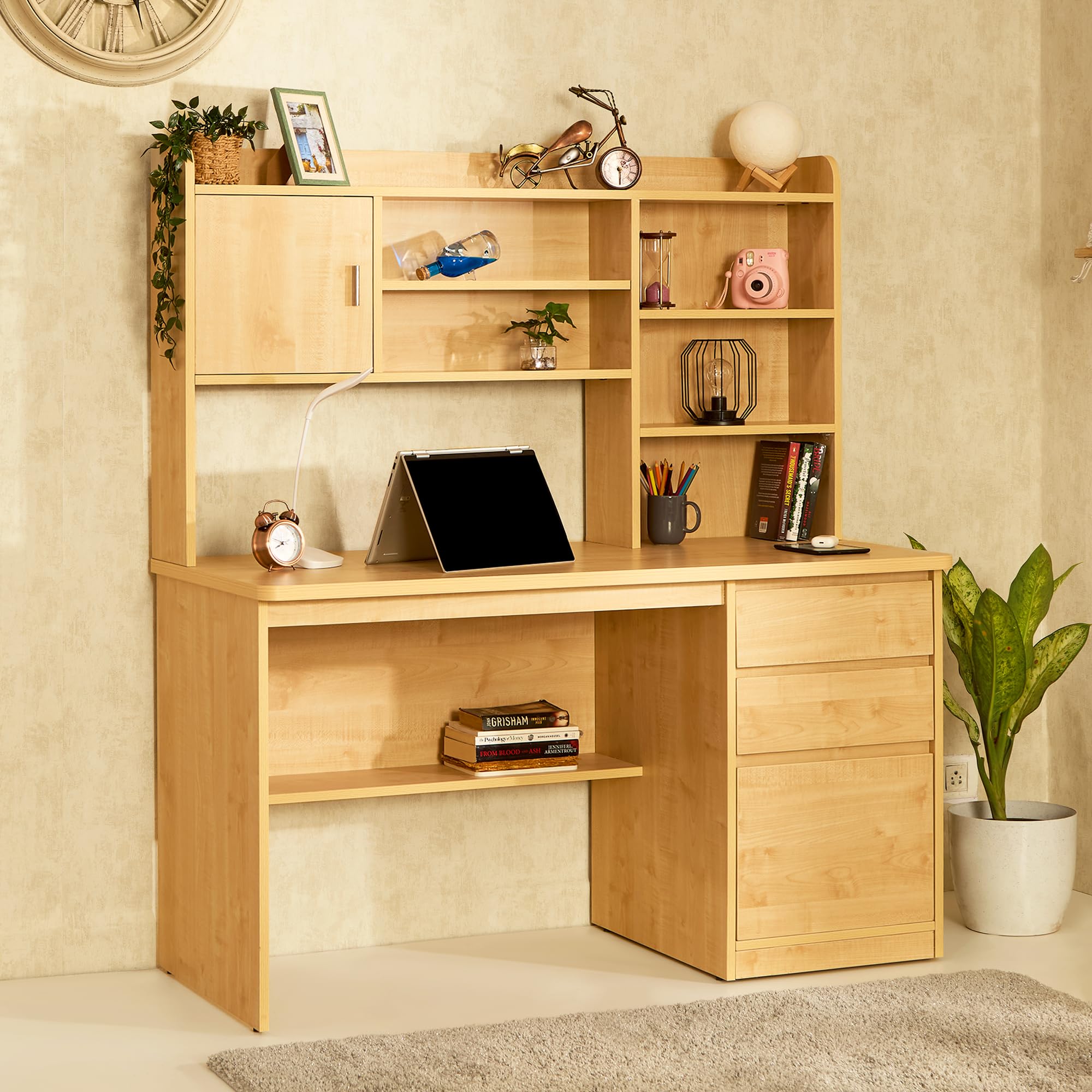 Green Soul Luxari Premium Study Table with Book Shelf, Laptop & PC Workstation, is 3087 Engineered Wood, 4.5ft Workspace, Writing Desk for Home & Office, Adults & Students, Oak, 3 Year Warranty