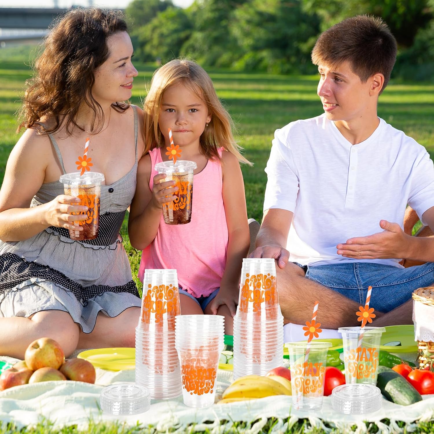 Whaline 50Pcs Boho Plastic Cups with Flat Lids 12Oz Groovy Flower Disposable Cold Beverage Clear Cups for Wedding Birthday Baby Shower - Image 4