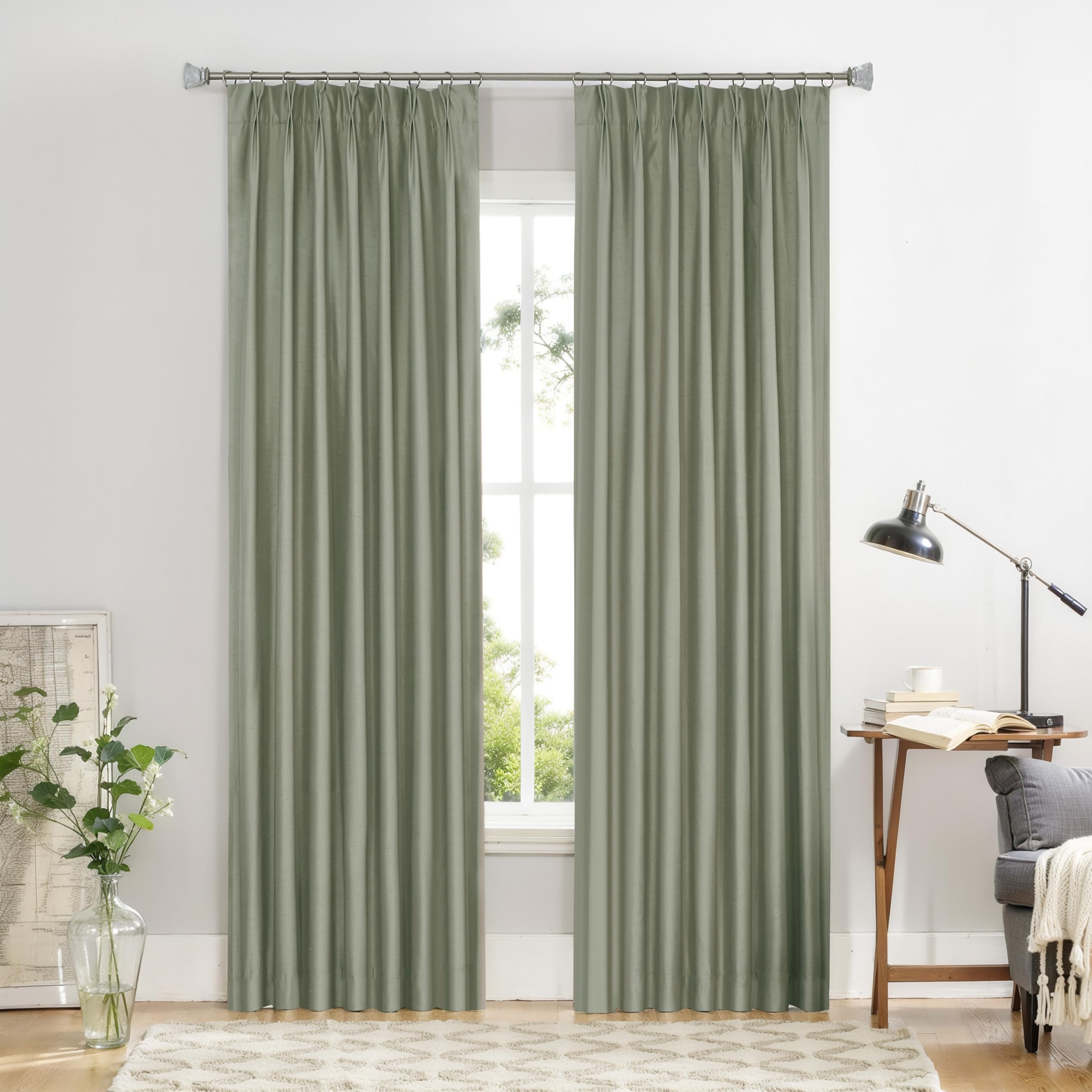 Sage Pinch Pleat Blackout Curtain 108 Inches Long for Bedroom Living Room Thermal Insulated Luxury Silk Panels with Full Blackout Liner Backtab Drapes
