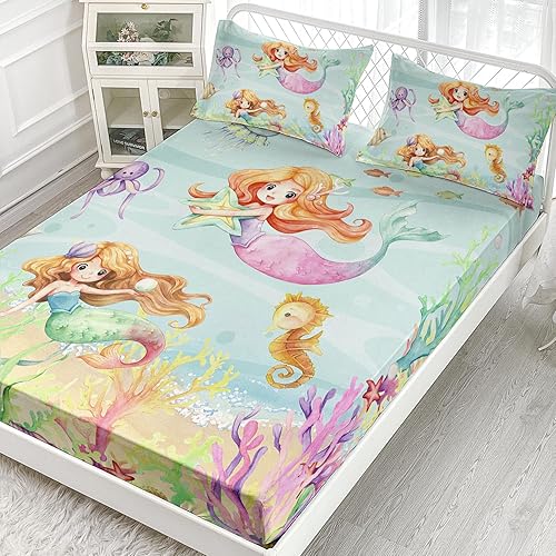 Miniatura 2 de AILONEN Juego de sábanas bajeras de sirena tamaño Queen, hermoso juego de sábanas de sirena, lindos animales marinos, juego de ropa de cama de