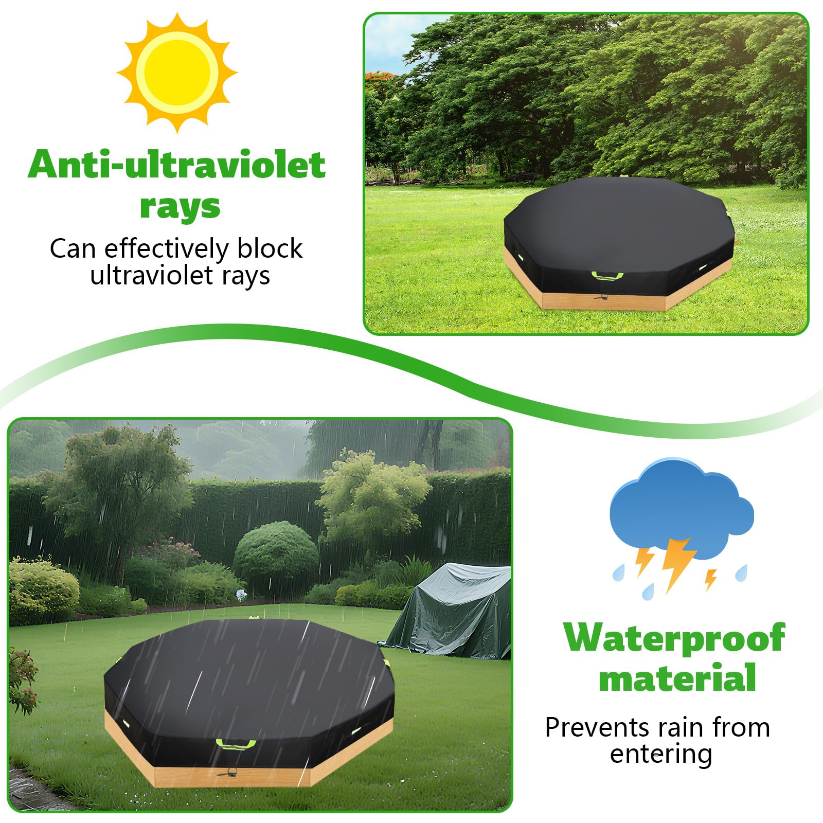 Lyreh Achteckige Abdeckung Sandkasten, 420D Oxford Gewebe Wind- und Staubdicht Wasserdicht Sandkasten Schutz Deckel Außenbereich zum Schutz von Sand Spielzeug Kinder, 214x198x23cm