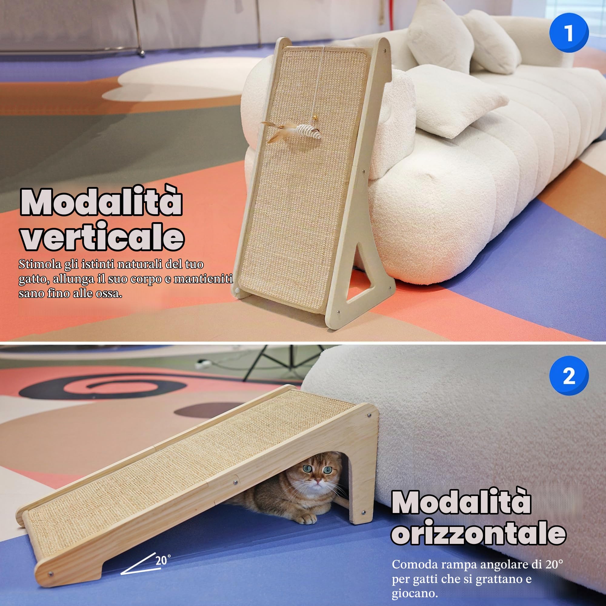 PETKARAY Tiragraffi per Gatti, Rampa in Sisal a Forma di L per Interni, Protezione per Mobili da Parete da 27" con Giocattolo a Forma di Topo