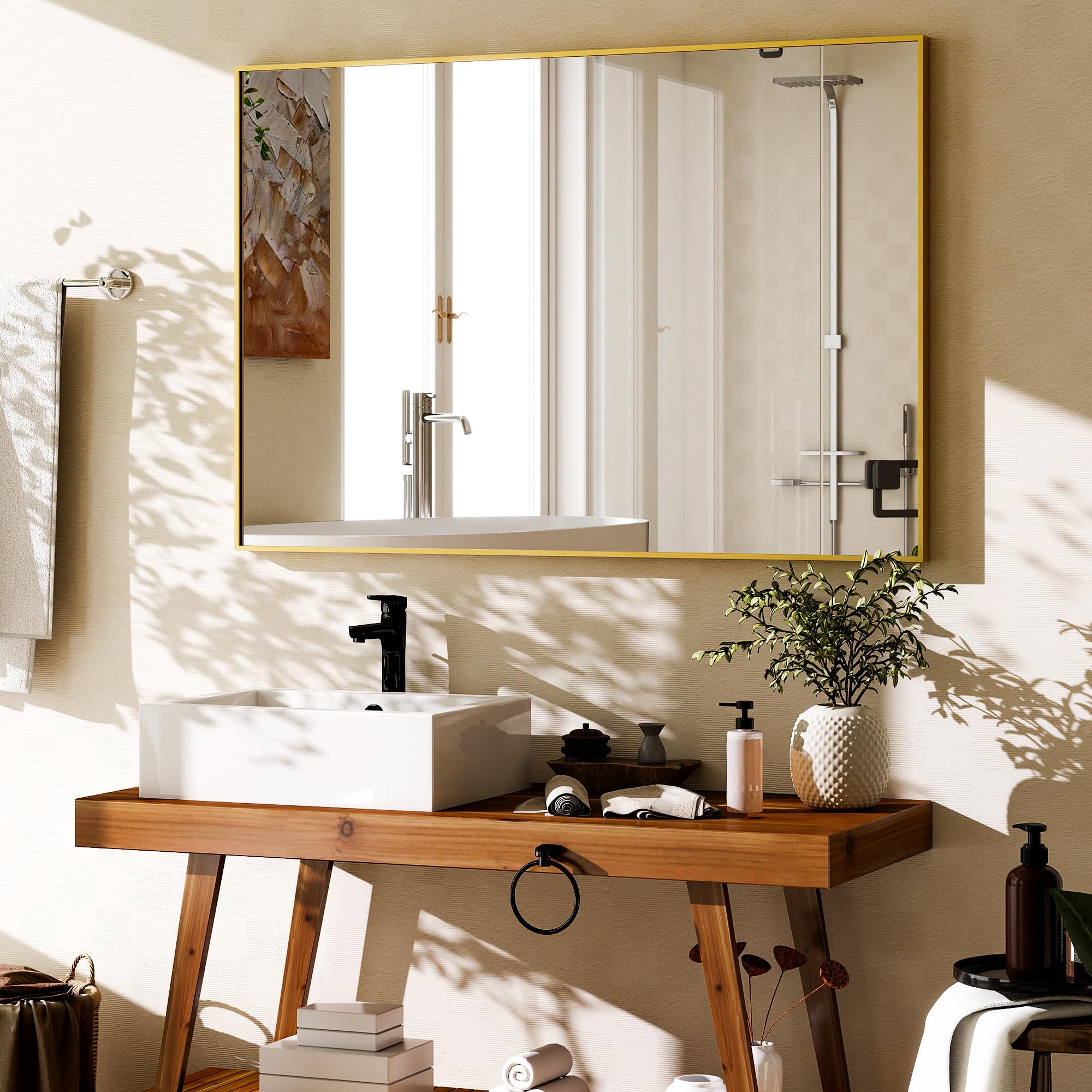 Koonmi Rectangular Bathroom Wall Mirror, 76 x 100 cm, Gold — image 1