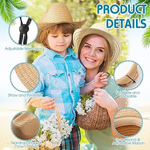 Miniatura 6 de SATINIOR Juego de 12 sombreros de vaquero de paja para niños con bandanas, disfraz de vaquero para fiesta occidental, disfraz de niño