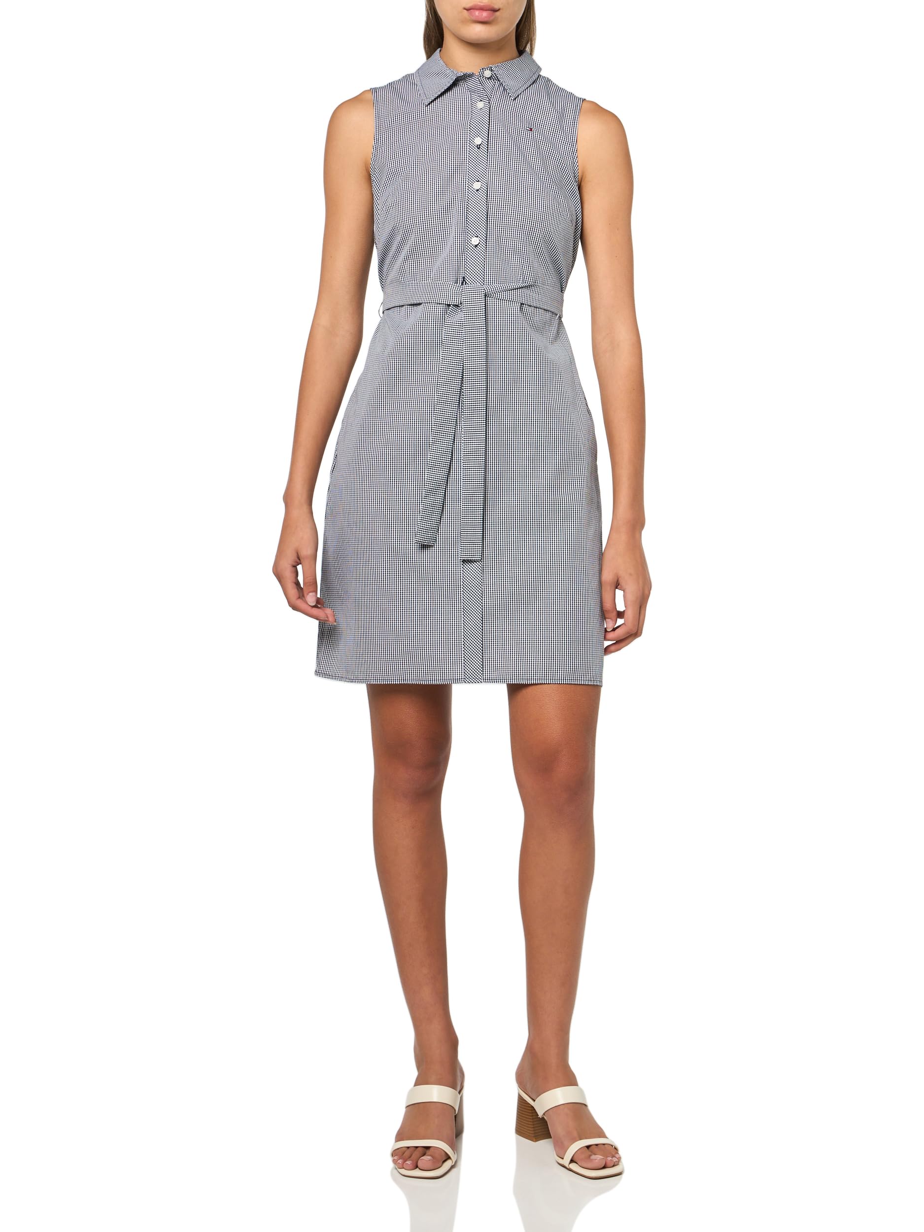 Tommy Hilfiger Women's Sleeveless Collared Button Front Tie Waist Mini Shirt Dress