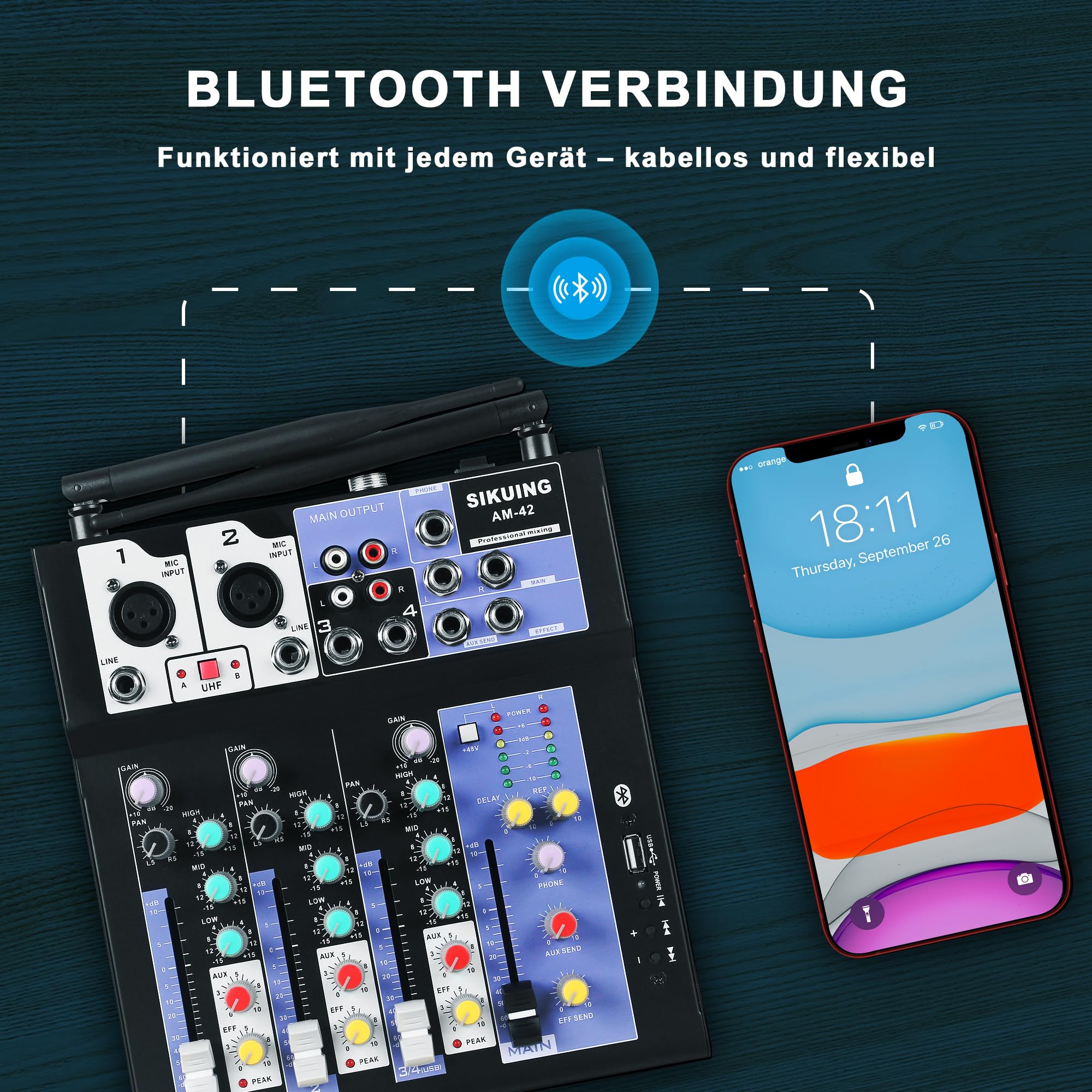 Audio-Mixer mit 2 drahtlosen Mikrofonen,4-Kanal professionelles DJ-Mischpult Soundboard mit Bluetooth/USB,48V Phantomspeisung,kompatibel mit Computer,Karaoke,Party,Meeting,Studio Aufnahme