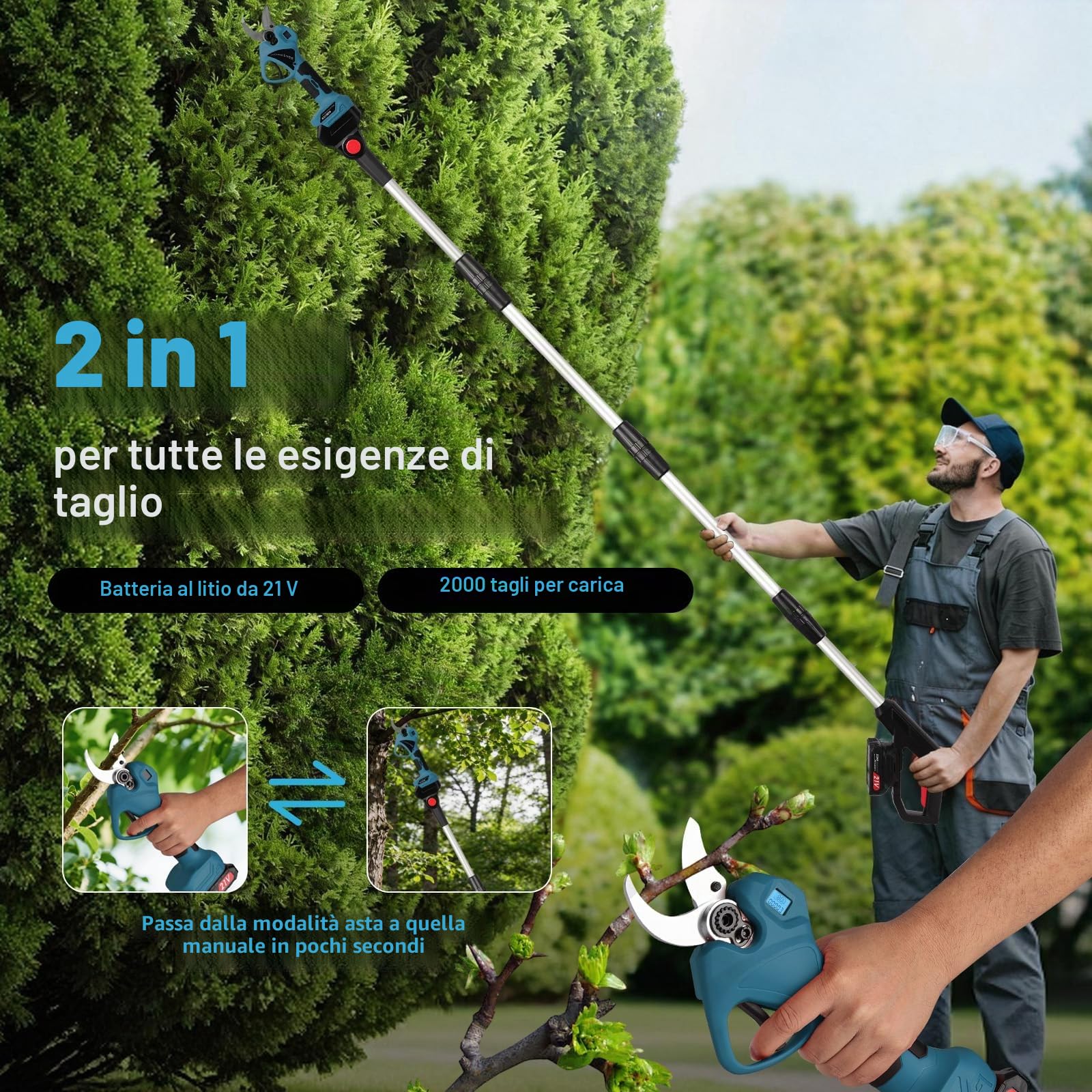 Forbici Potatura a Batteria 40mm 2x21V Batterie 2.0Ah, Telescopica 244cm Cesoie Elettriche Professionali per Giardino e Frutteto, con Display LCD per Frutteto Giardino Parco Fattoria