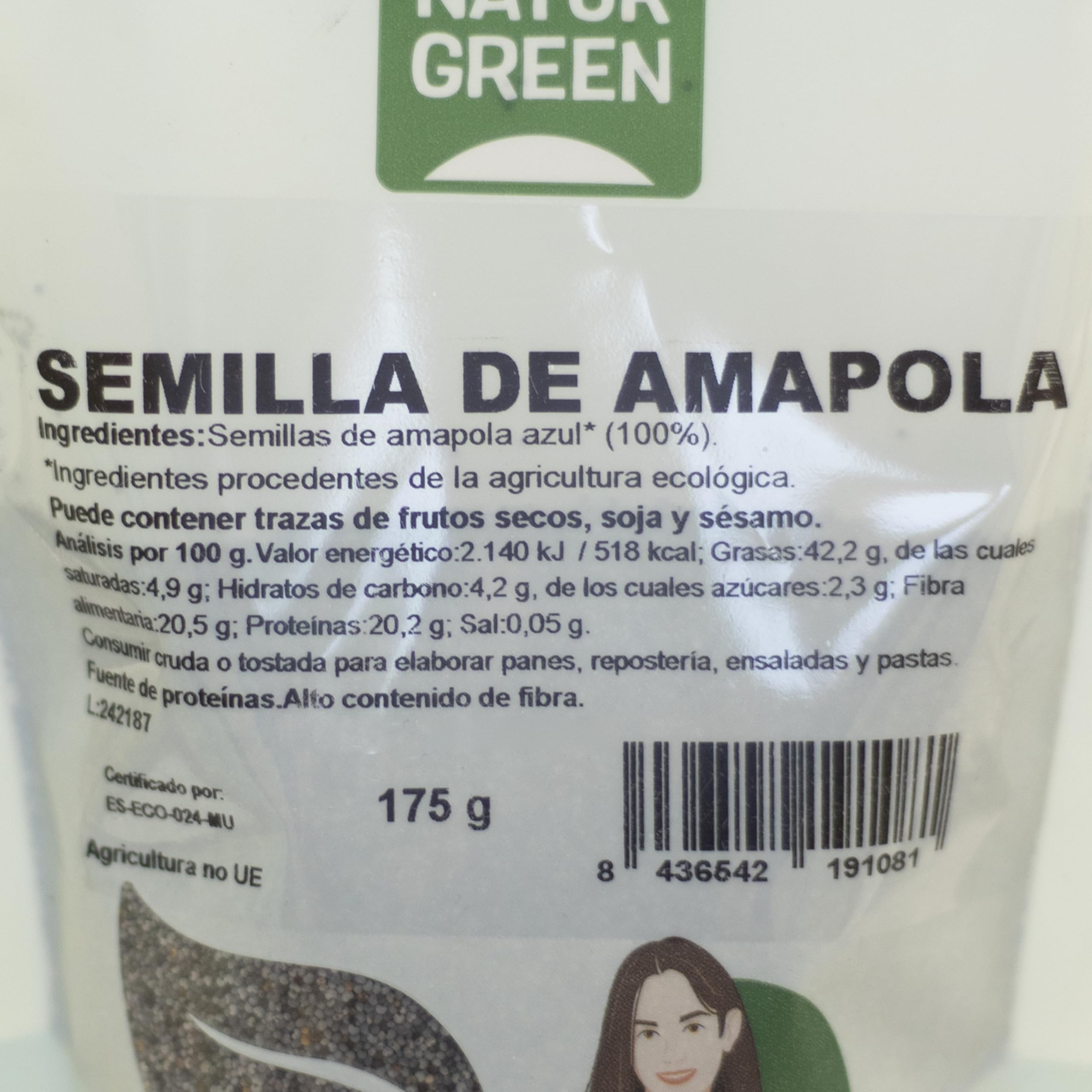 NaturGreen - Semillas de Amapola, Amapola Azul, Semilla Natural, Omega-3 y Omega-6, Vitaminas B, E y C, 100% Ecológico - 175g
