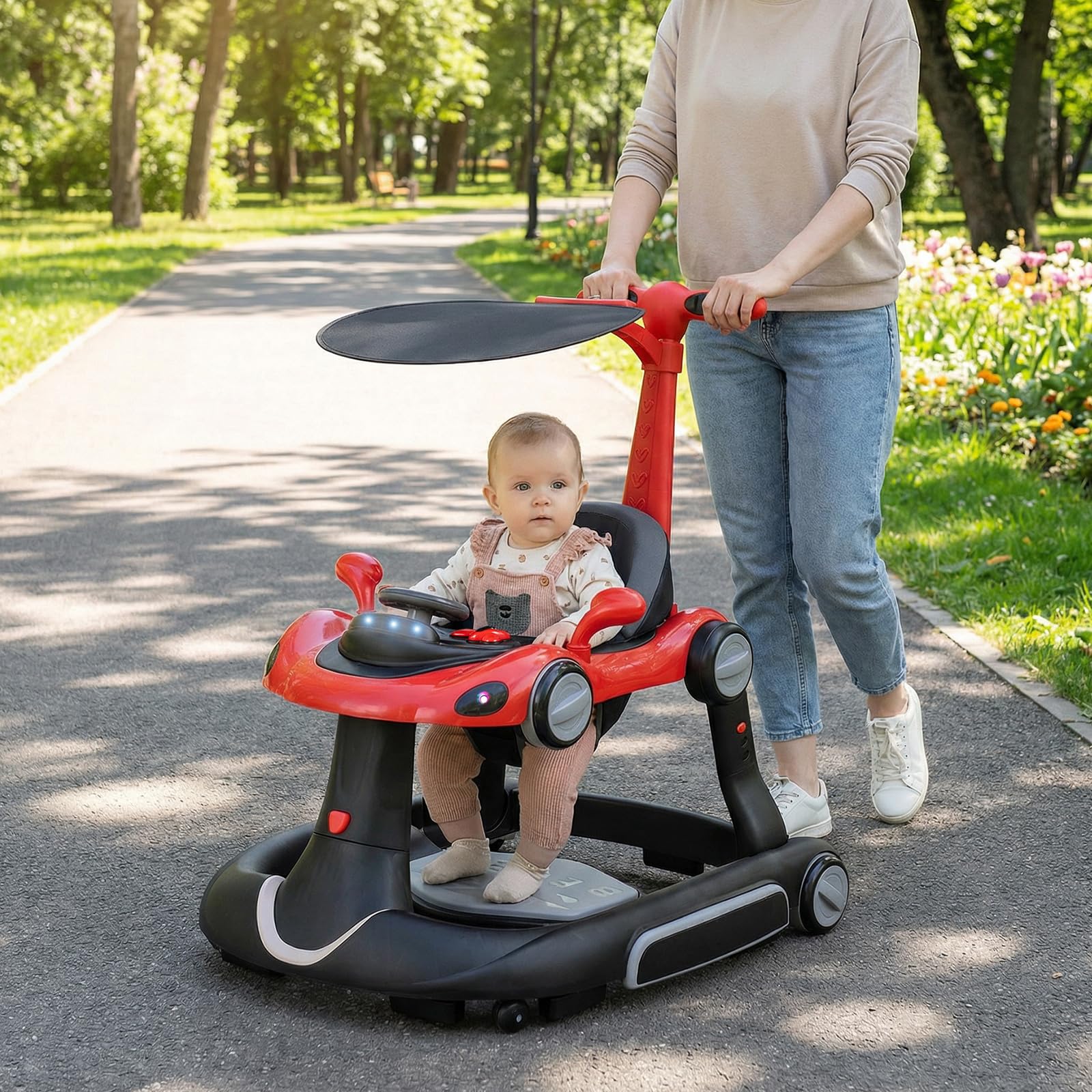 LIFEZEAL Lauflernwagen mit Sonnenschirm, 6-in-1 Lauflernhilfe Gehhilfe Baby mit Licht, Musik, Spielecenter & Tablett, Baby Walker mit einstellbarer Höhe & Geschwindigkeit, ab 7-18 Monate (Rot)