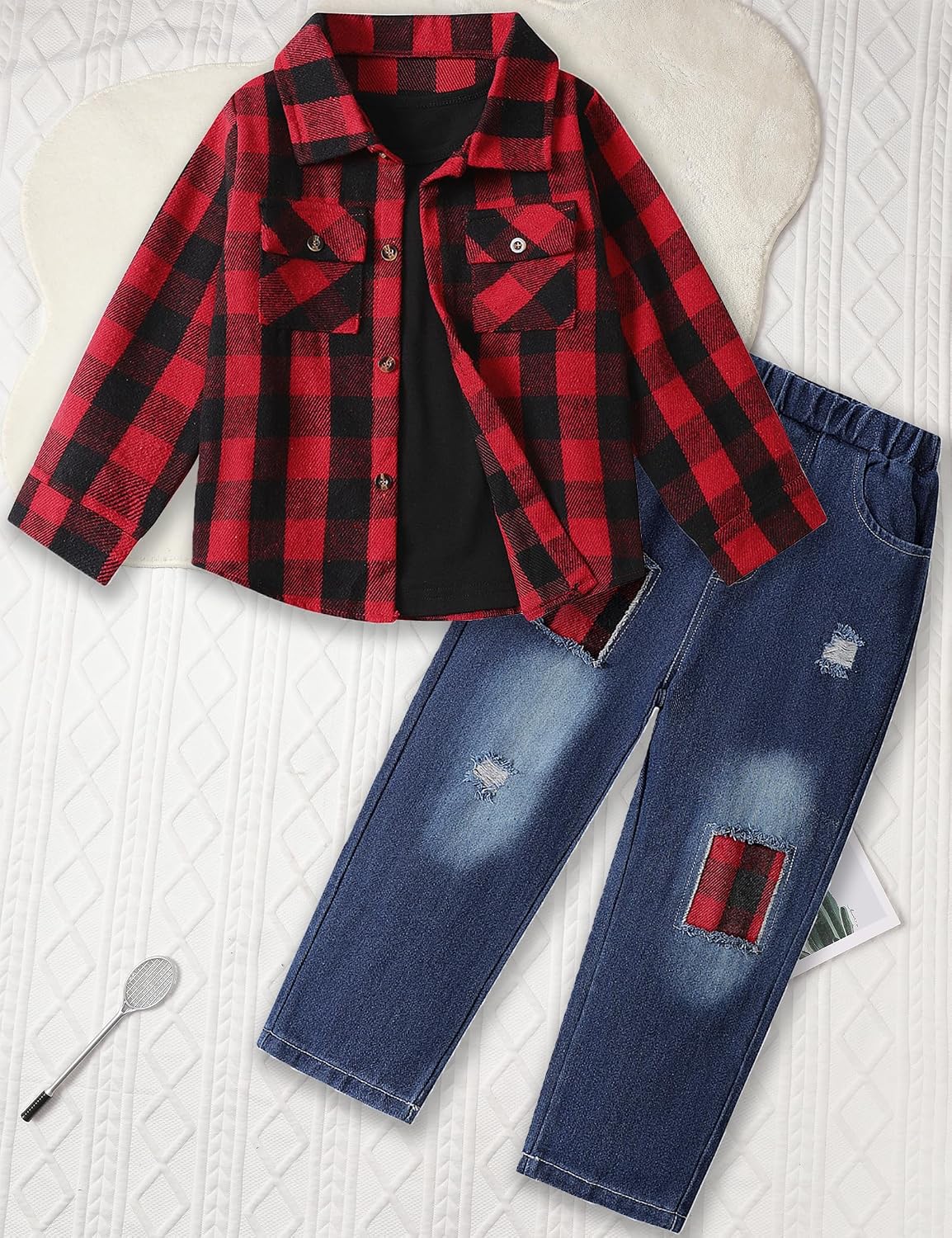Toddler Boy Clothes Plaid Shirt Jacket White T-shirt and Jeans Pants 3PCS Boys Fall Winter Outfits for 2-7 Years