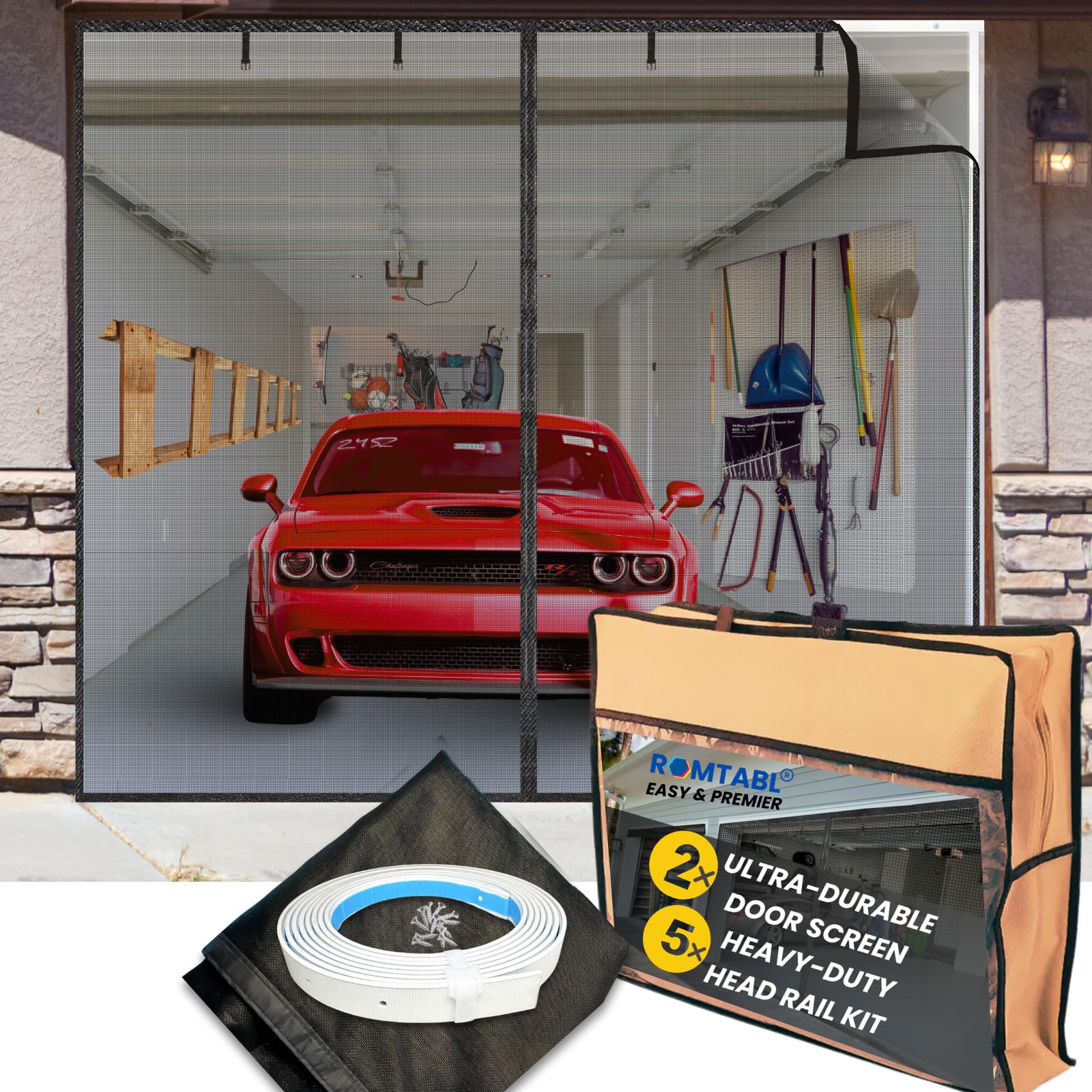 Garage Door Screen for 1 Car Garage 9x7FT, 2025 Ultra-dura Hook Rail Patented Magnetic Garage Screen Door with Retractable Heavy Duty Fiberglass,