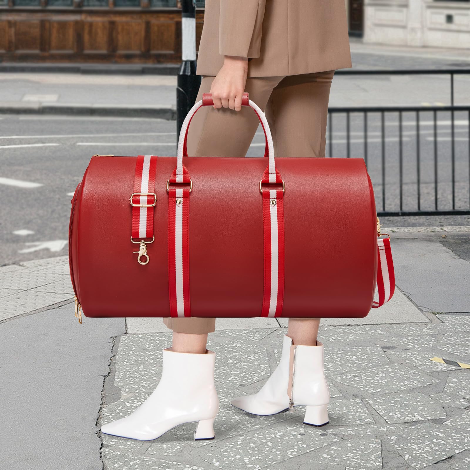 Kleidersäcke aus Leder für Reisen, wandelbare Handgepäcktasche für Herren, 2-in-1, wasserdicht, faltbar, Reisetasche mit Schultergurt, Wochenendtasche mit Schuhbeutel, rot (a), 20 * 11.5 * 12 inch