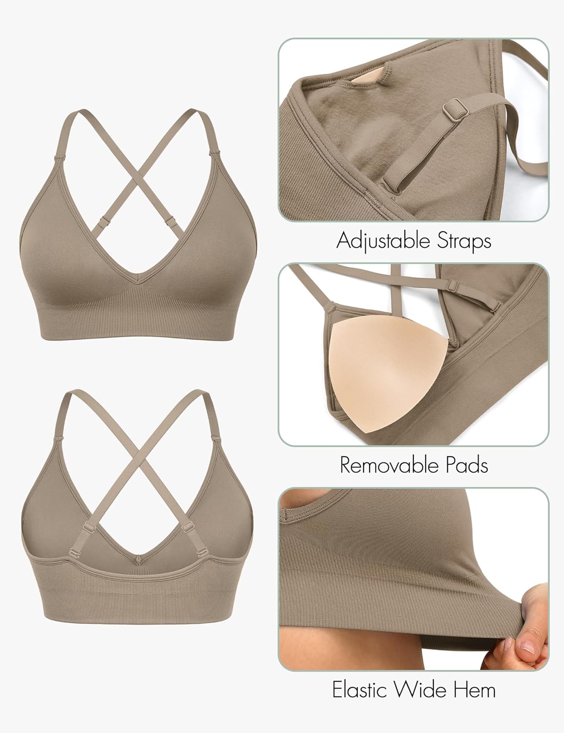WANAYOU Sports Bras for Women, Deep V Neck Adjustable Spaghetti Strap Criss Cross Back Sports Bra Padded Gym Bralettes 3 Pack - Image 6