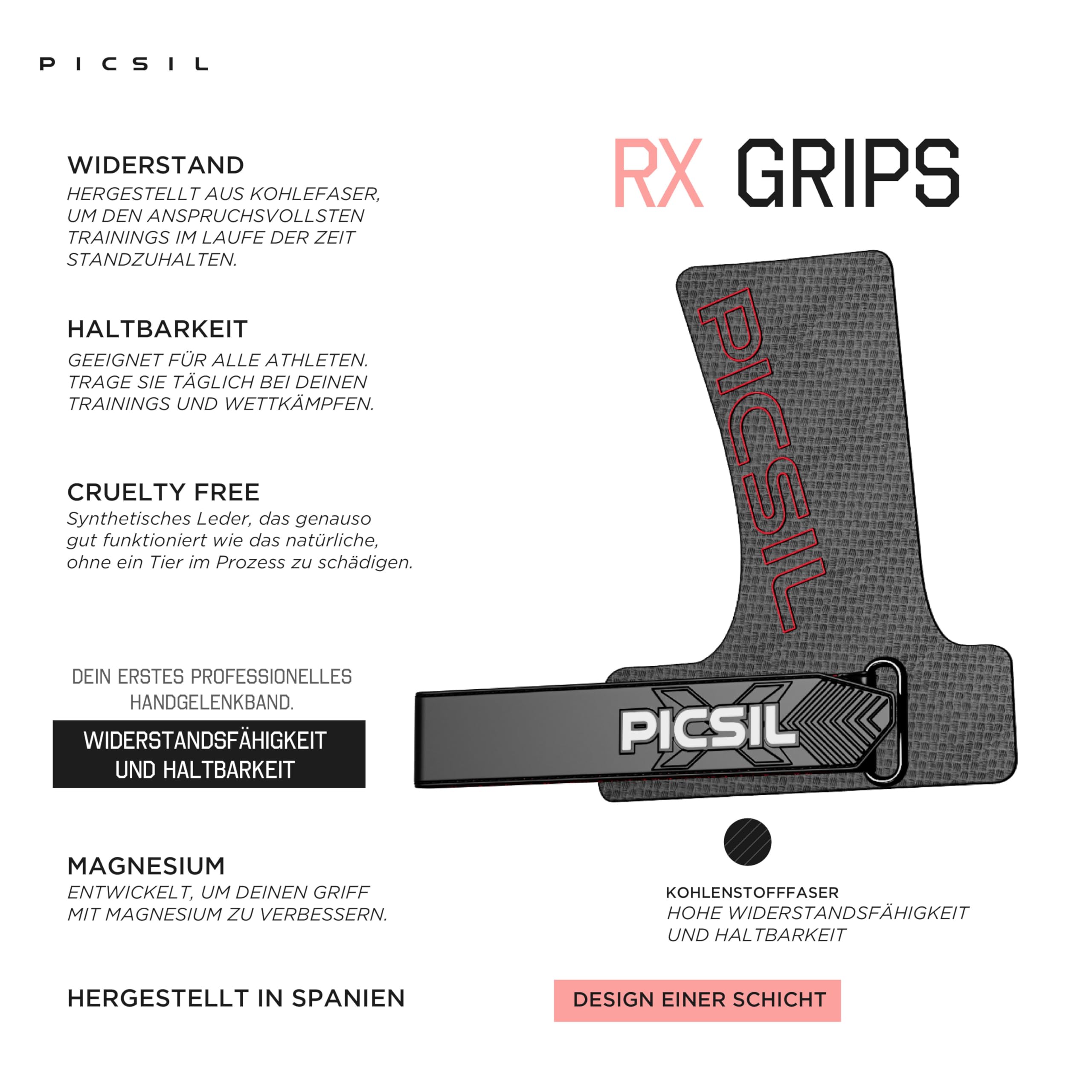 PICSIL RX Hand Grips – Profi‑Griffpolster aus Carbonfaser in Profi‑Qualität, Chalk‑kompatibel & Handschutz für Calisthenics, Krafttraining & Gymnastik