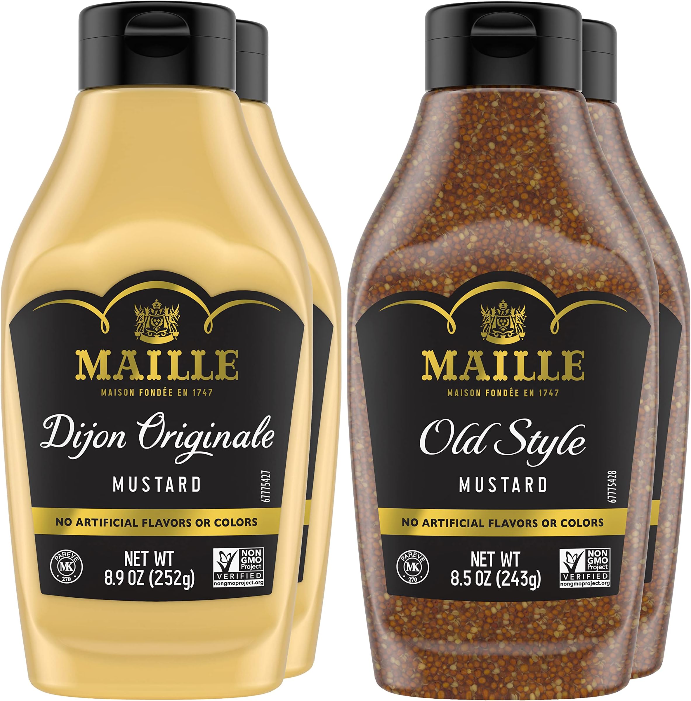 Maille Dijon Mustard 4 count Squeeze Condiment Variety Pack Dijon Originale & Old Style Non-GMO, Kosher 8.5 oz