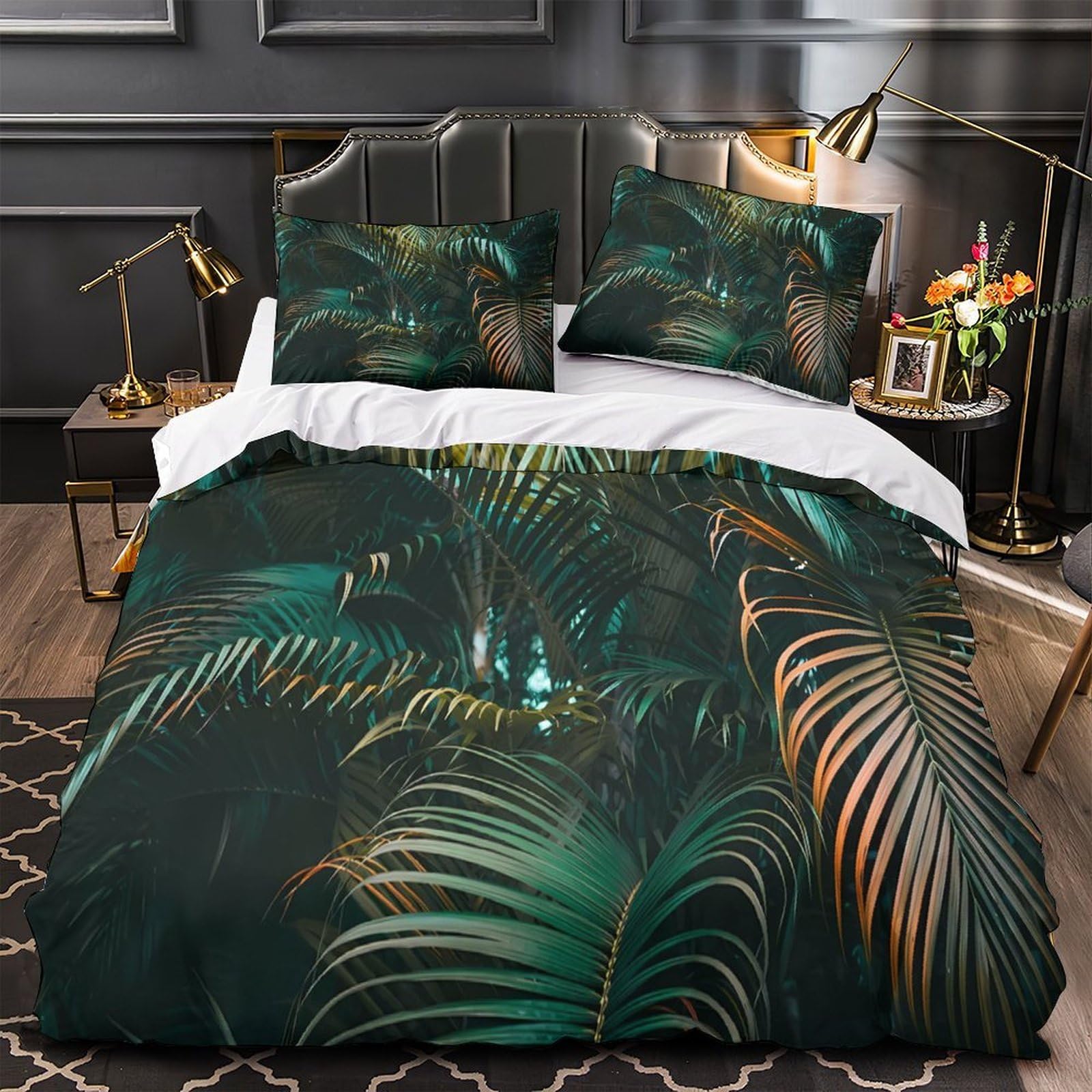 Housse de couette feuilles tropicales 3D double 200x200cm en microfibre avec 2 taies d'oreiller