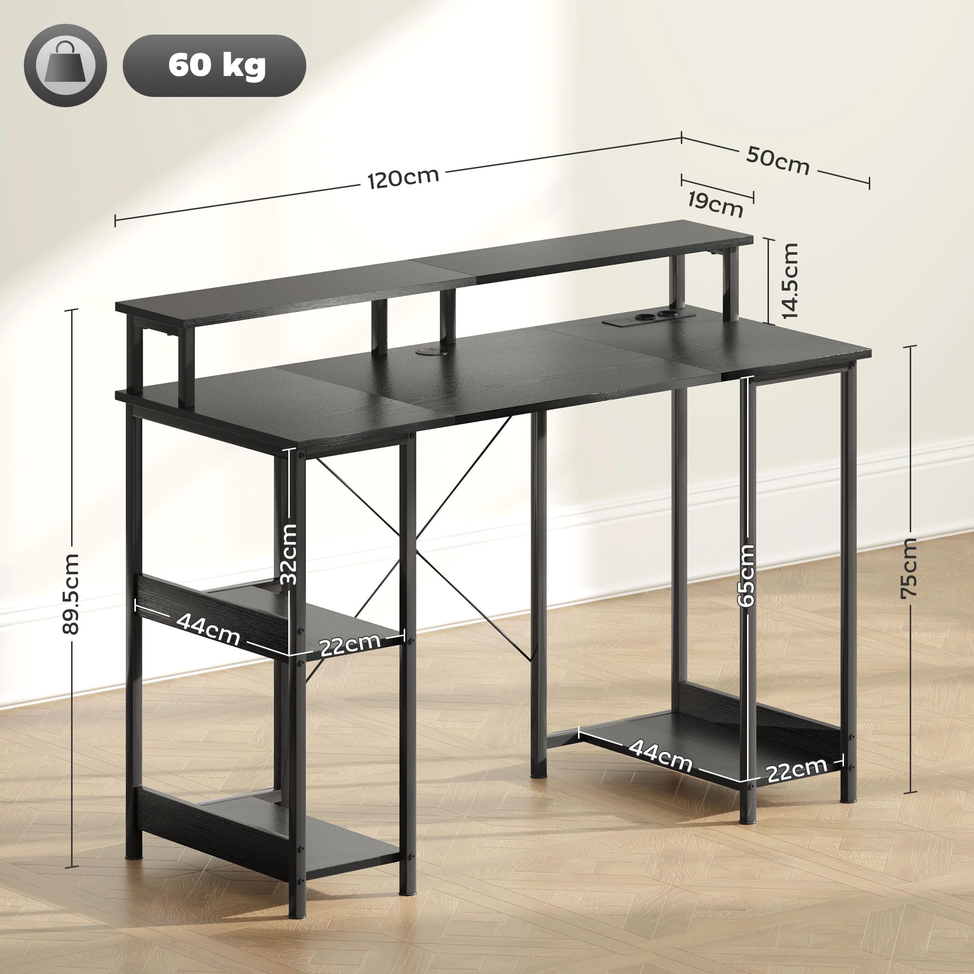 HOMCOM Scrivania per Computer Reversibile Ripiani, 120x50 cm Scrivania da Ufficio con Prese Elettriche e Luci LED, Tavolo Porta PC da Studio con Doppio Supporto per Monitor, Nero
