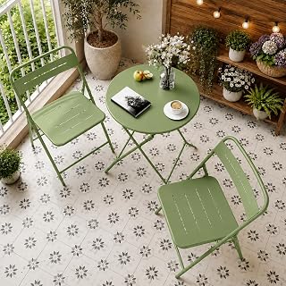 LAUSAINT HOME 3-Piece Steel Bistro Set, Weather-Resistant Folding Small Patio Dining Furniture Set, Ideal for Balcony, Garden, Yard and Indoor Spaces，Round, Green