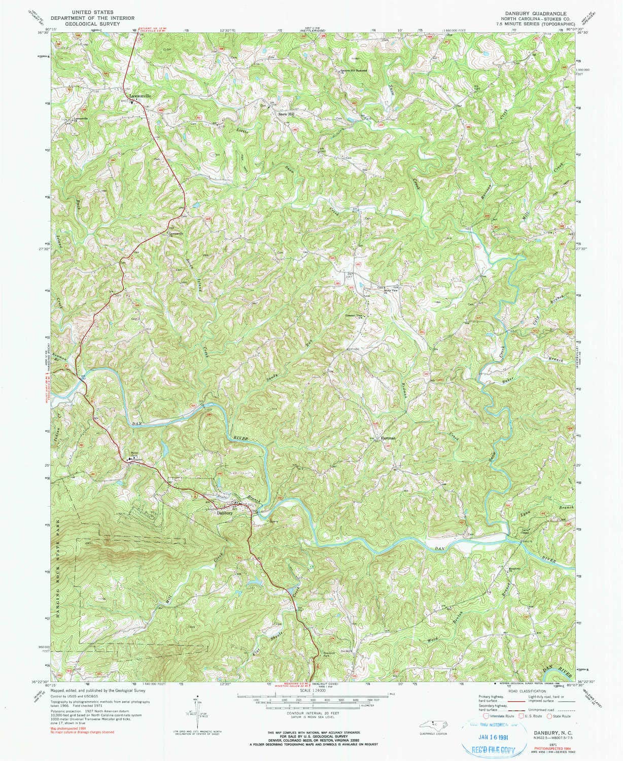YellowMaps Danbury NC topo map, 1:24000 Scale, 7.5 X 7.5 Minute, Historical, 1971, Updated 1990, 26.7 x 21.8 in - Paper