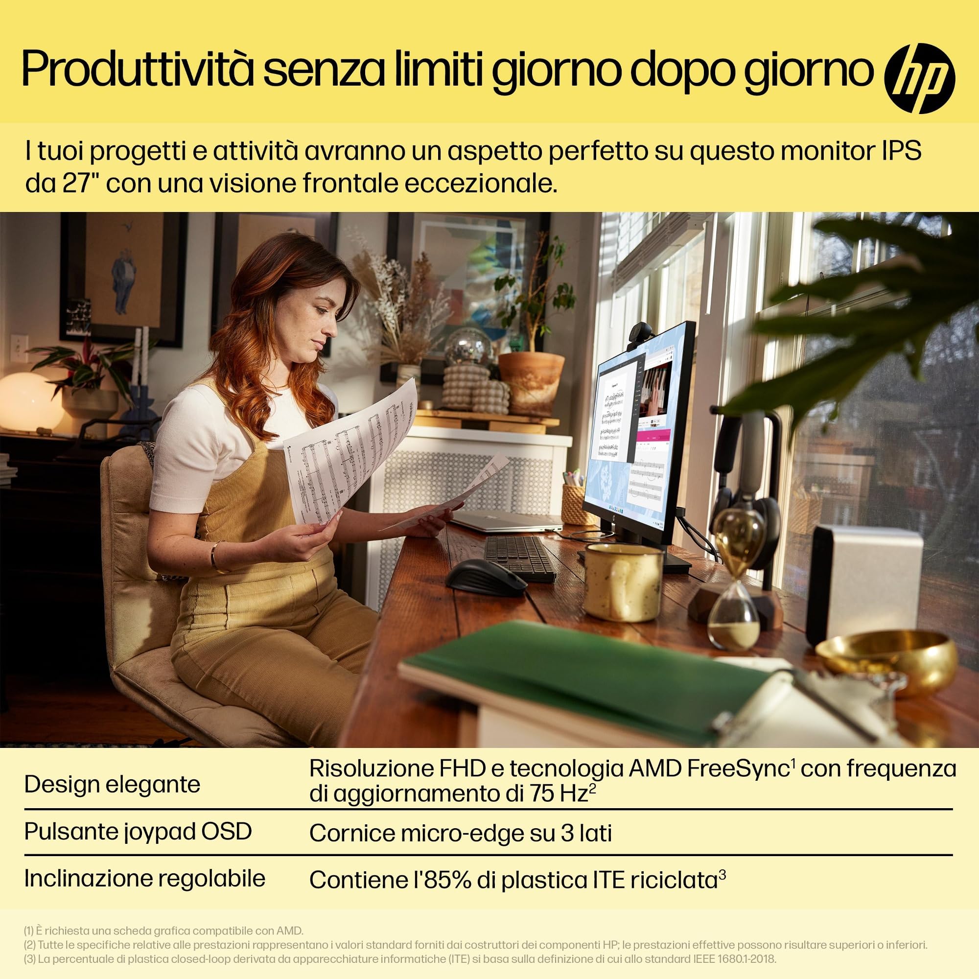 HP V27ie Monitor da 27", FHD, 16:9, Antiriflesso, Pannello IPS da 75Hz, Tempo di Risposta 5 ms, Reclinabile, VESA 10x10 cm, AMD FreeSync, 250 Nits, Low Blue Light, VGA, HDMI, DisplayPort, Nero
