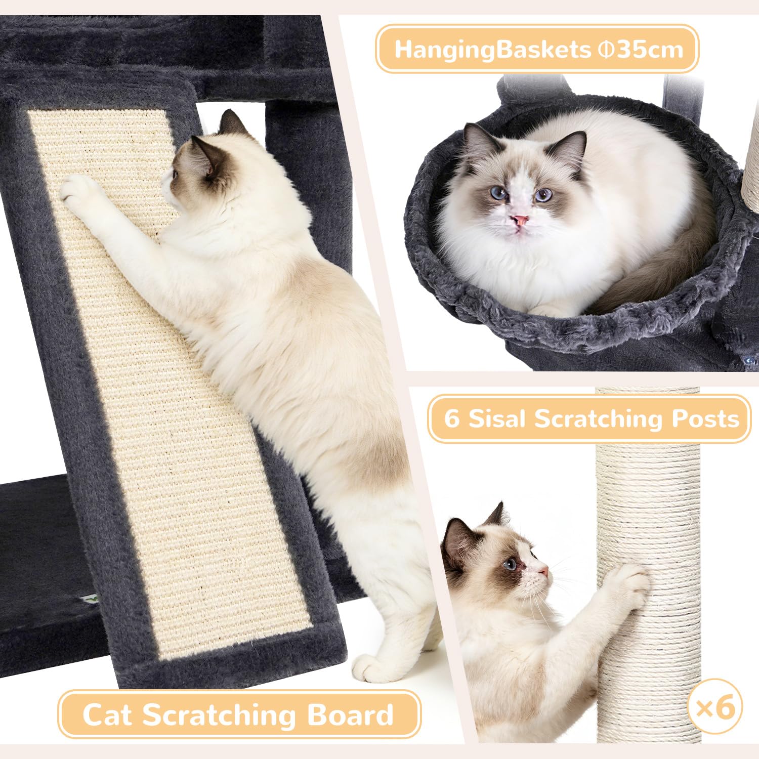 Globlazer Árbol Rascador para Gatos XXL 215 cm Alto con 2 Grande Nidos, Extragrande Plataforma, Perchas, Cesta, Tabla Rascar Sisal, Estable Rascador para 3-5 Gatos Adultos Grandes (F84B, Gris Oscuro)