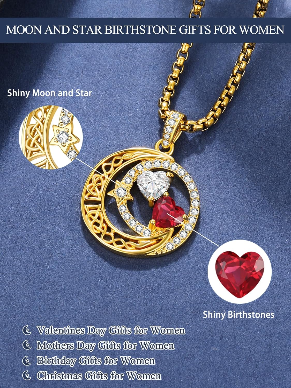 JIYVY3214K Gold Moon and Star Valentines Necklace Gifts for Women - Double Heart Birthstone Necklace,Valentines Wedding Anniversary Birthday Gifts for Her Wife Mom Daughter Grandma Sister - Image 2