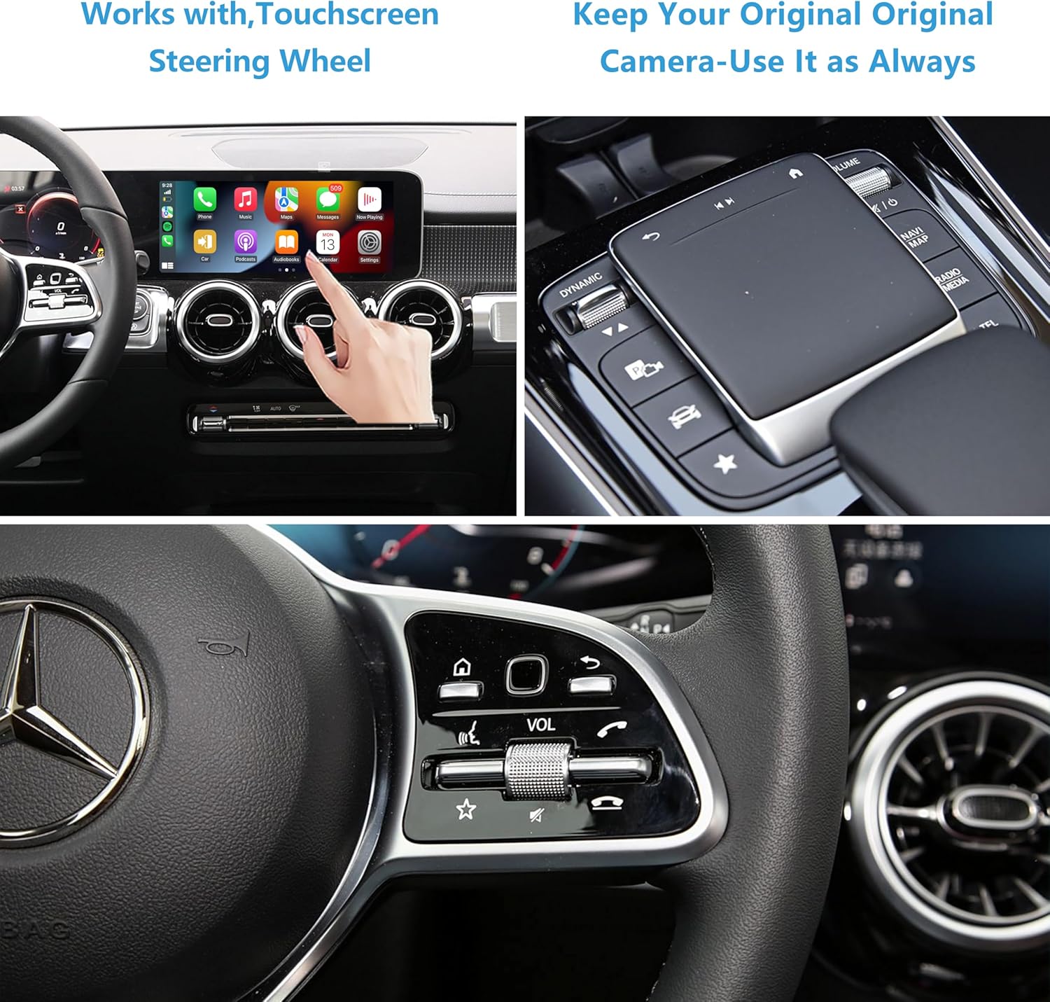Images showing the use of touchscreen, control knob, and steering wheel buttons to operate the CarPlay system in a Mercedes-Benz.