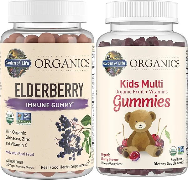 Garden of Life Organics Kids Immune Bundle – Elderberry Immune Support Gummies (120 Count) + Certified Organic Kids Multivitamin Gummies, Non-GMO, Gluten Free, Cherry (120 Count) Elderberry 