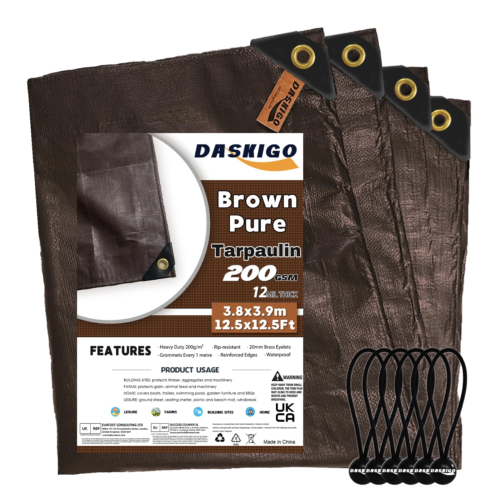Bâche de protection imperméable 4 x 4 m 200 g/m² Marron