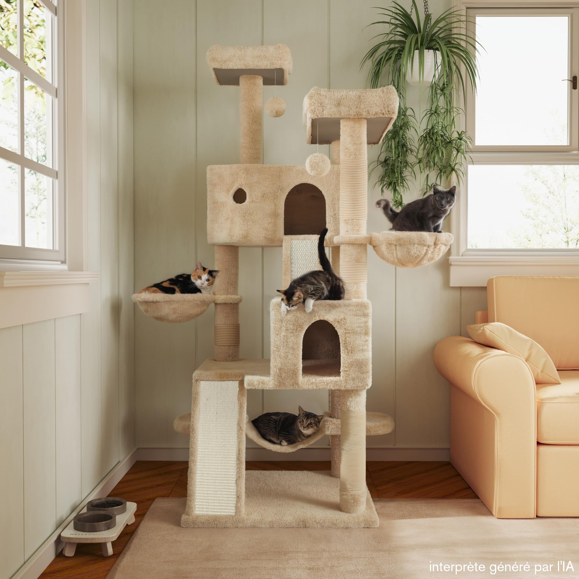 MUTICOR Großer Kratzbaum mit Mehreren Ebenen, für große Katzen, gemütliche Plüsch-Sitzstangen, Sisal-Kratzbäume, Hängematte und Körbe, Spielhaus, breite Basis, Beige, 168 cm