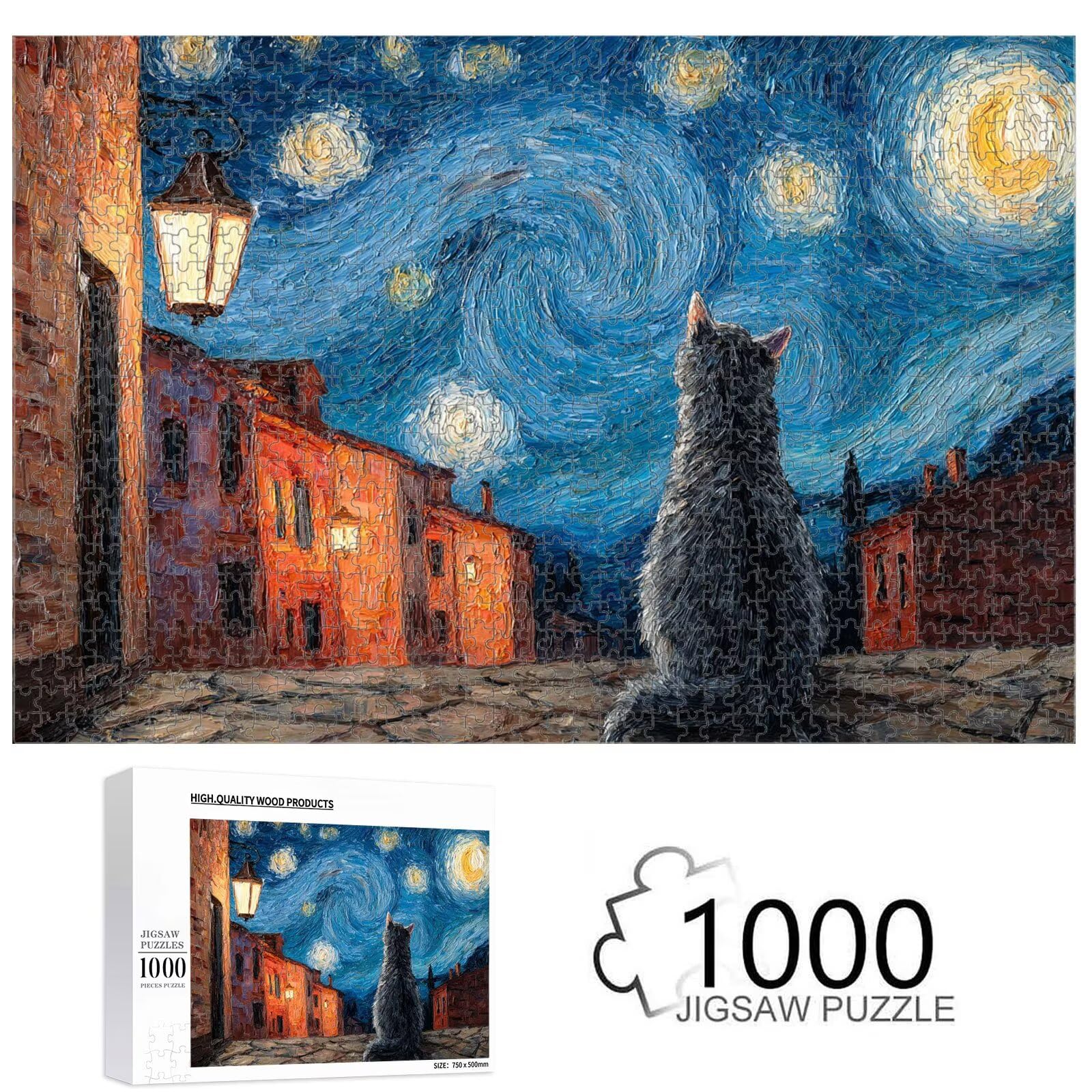1000 Pièces Puzzle Adulte Ciel étoilé & Chat Puzzle en Bois Robuste 1T#78 | Puzzle en Bois, Découpe de Précision, Encres aux Couleurs Vives, Loisir Relaxant, Décoration Intérieure, Cadeau, 50x75cm