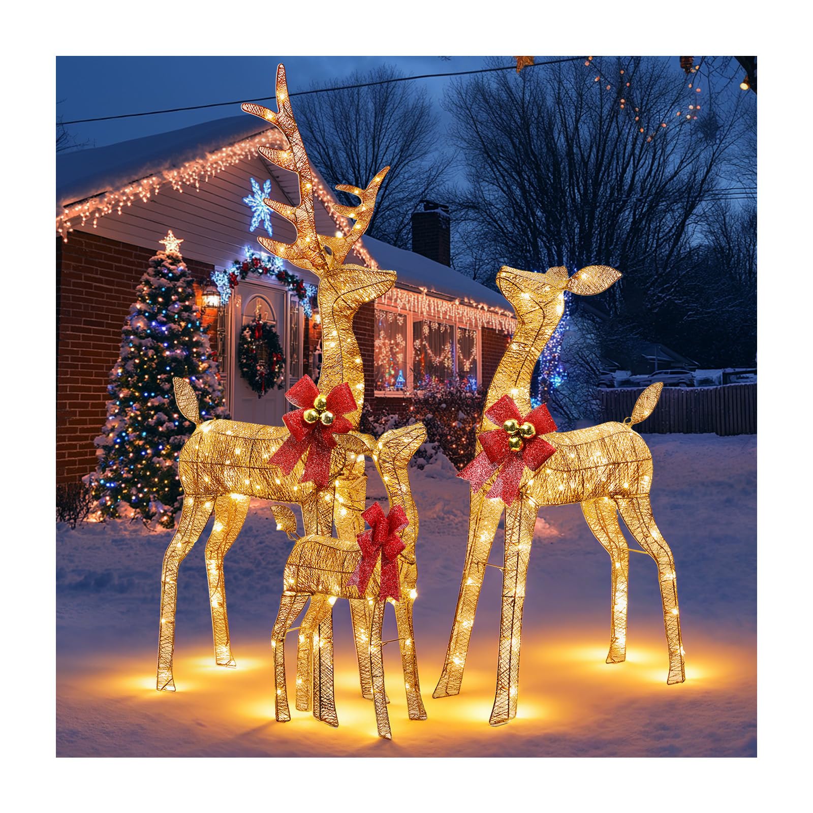 3 Stück Rentier Beleuchtet Aussen,Große Weihnachtsdekoration für den Draußen,mit 360° LED-Licht, Erdspießen, Wasserdicht, Goldfarben, für Hof, Terrasse, Restaurant Weihnachtsdeko