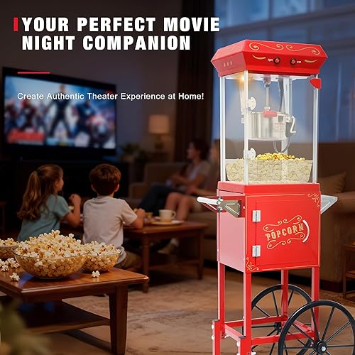 Miniatura 7 de Máquina de palomitas de maíz vintage con carrito, hervidor comercial de 8 onzas que hace 32 tazas, con ruedas y luz de calentamiento para cine en