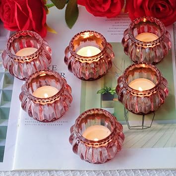 Woho Rose Gold Tealight Candle Holder Set of 6 for Valentines Day Decor, Glass Tea Lights Candle Holder for Wedding Party, Votive Candle Holders for Table Centerpiece