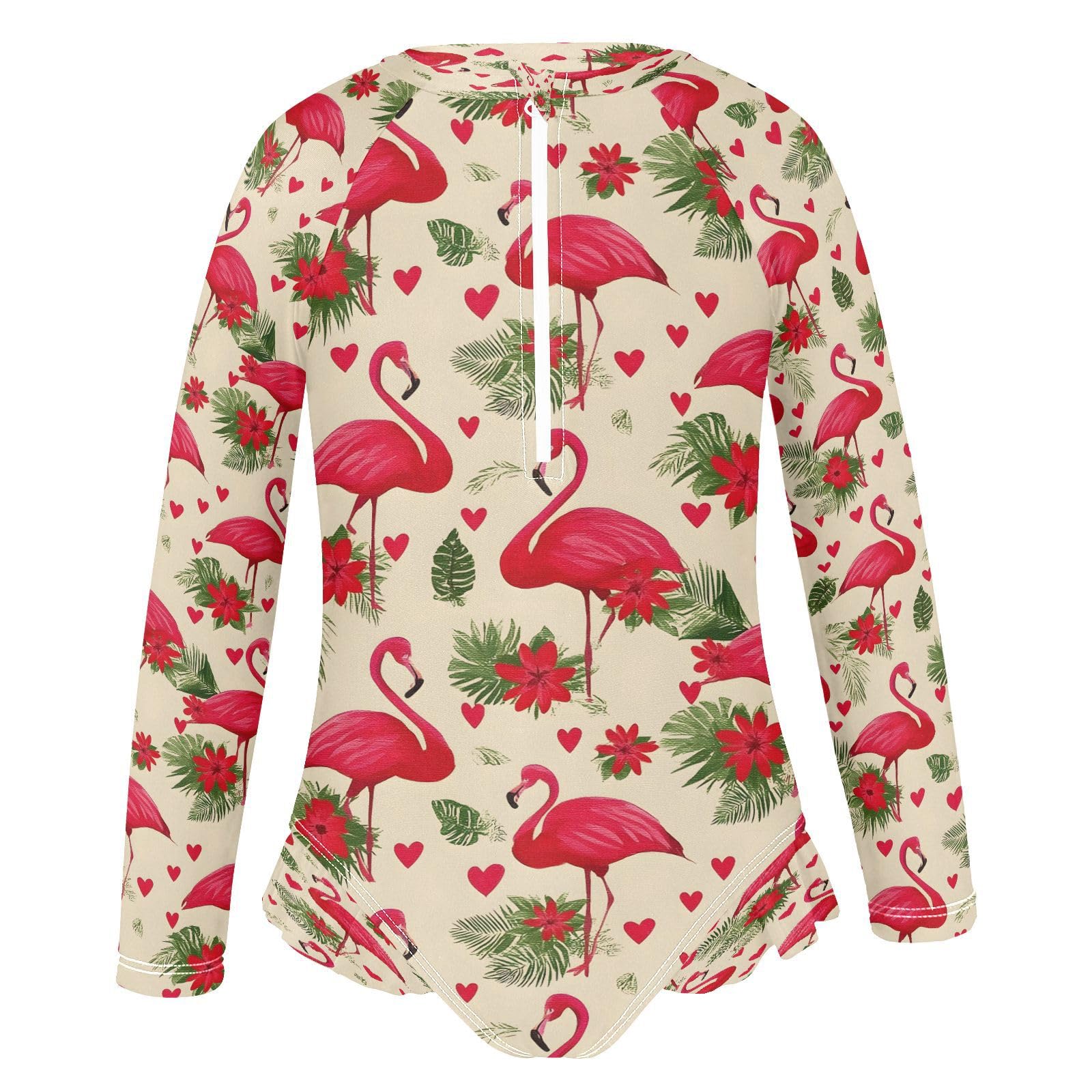 Red Flamingo Heart V Girls Long Sleeve Swimsuits One Piece Zipper Bathing Suit UPF 50+ Rashguard Swimwear