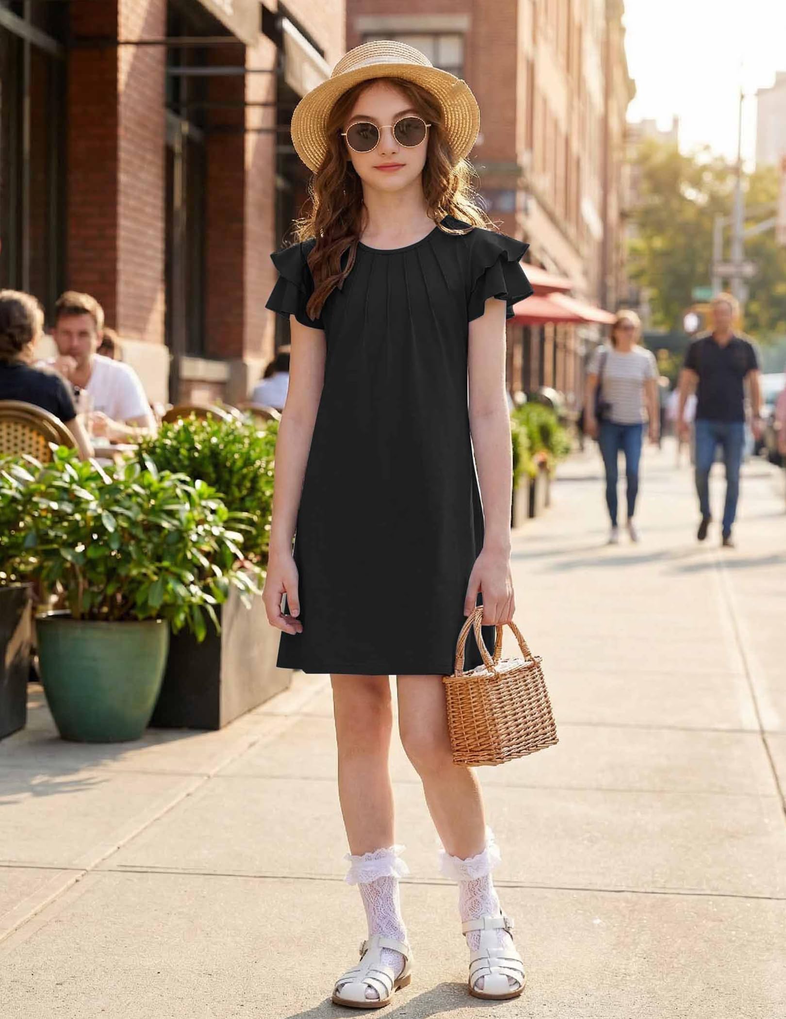 Arshiner Mädchen Kleider Sommer Plissiertes Gewellte Ärmel Kinder Einfarbig/Bedruckt Elegante Festliches Sommerkleid Freizeitkleid Kurzarm A-Linie Kinderkleid 6-14 Jahre
