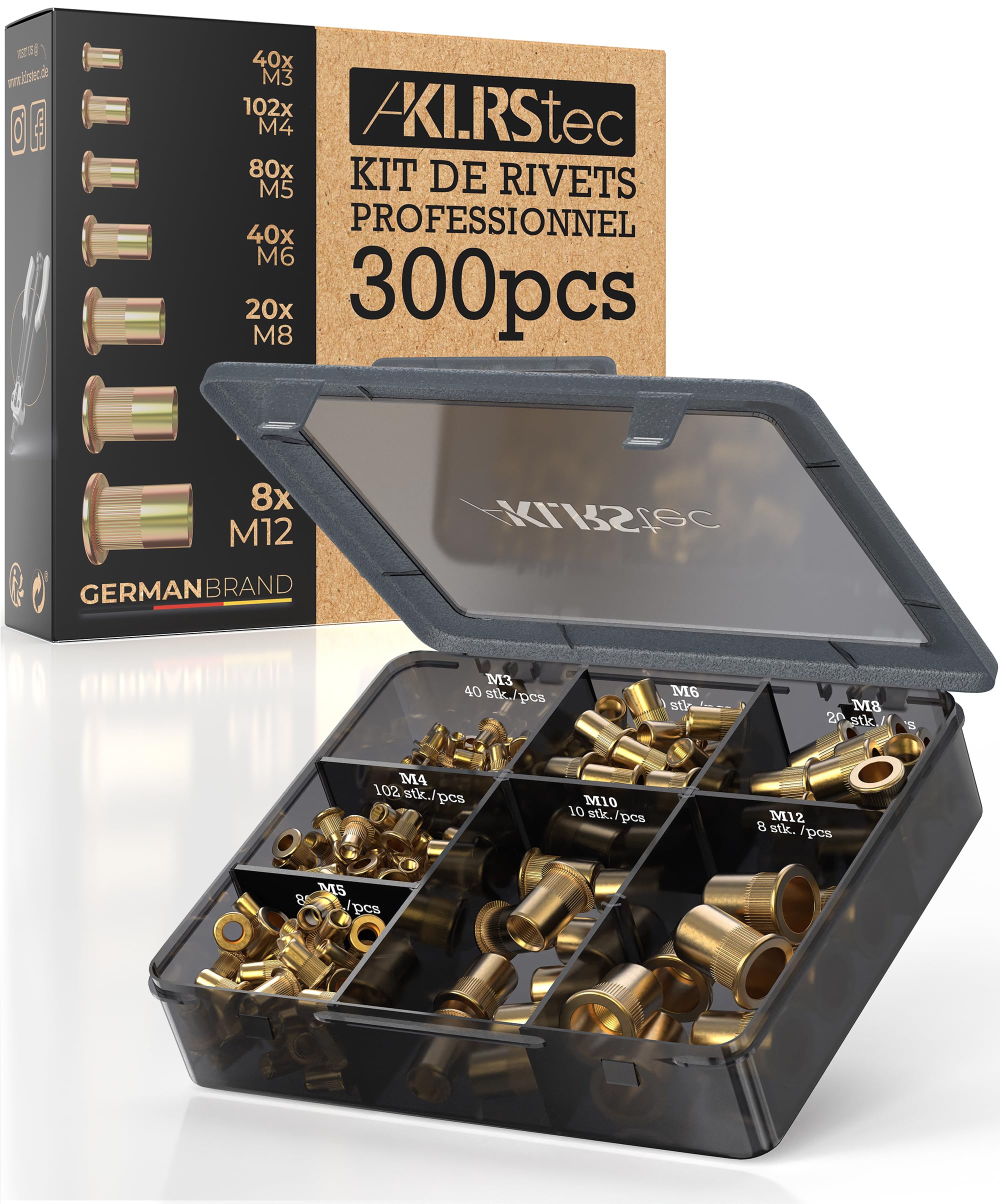 KLRStec Professional Kit Écrous à Sertir [300 pcs] Assortiment Écrous Rivets en Acier Galvanisé – Inserts Filetés M3-M12 pour Métallerie, Automobile, Industrie – Compatible Pince à Sertir