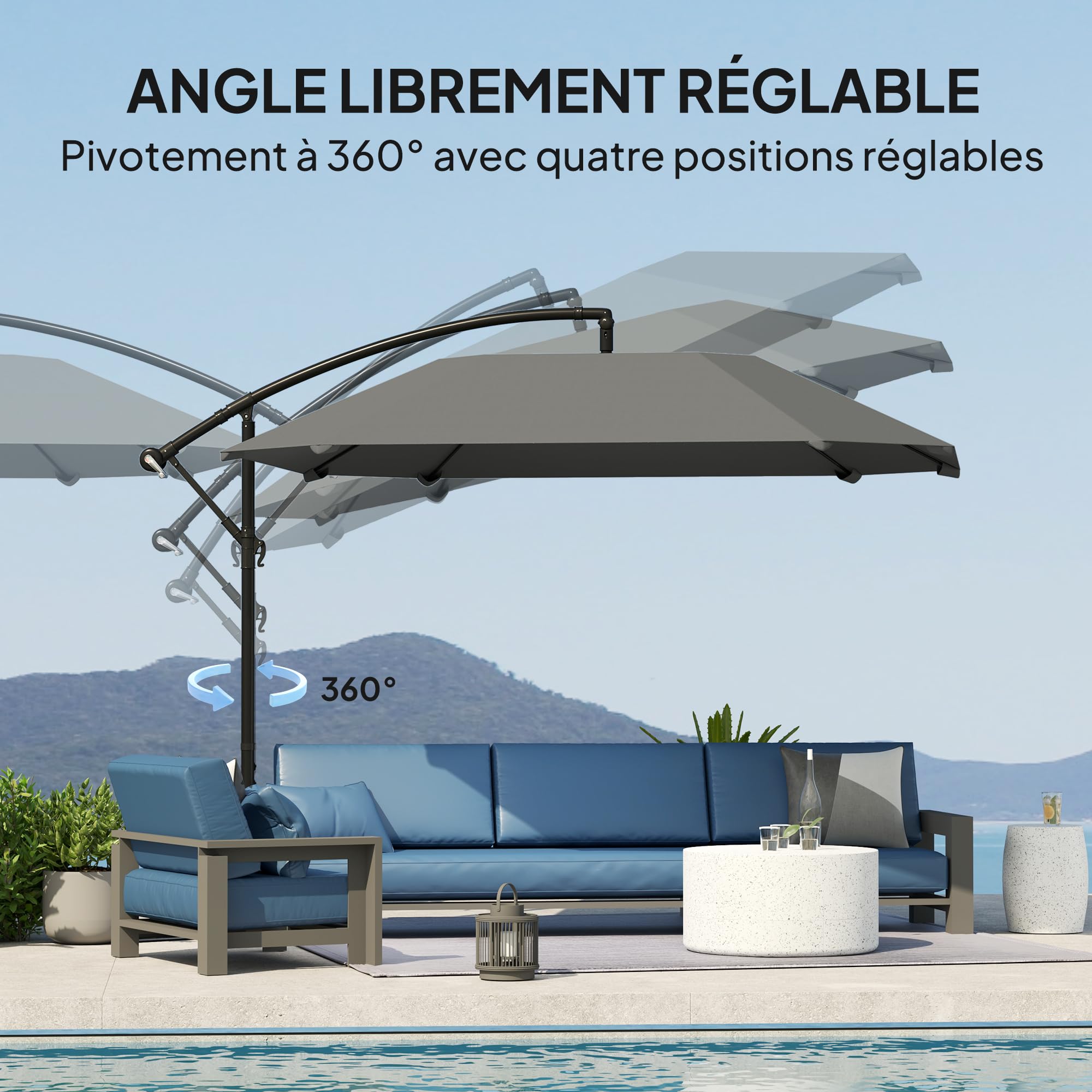 Outsunny Parasol Déporté Inclinable Base 304 x 260 x 245 cm Gris Foncé