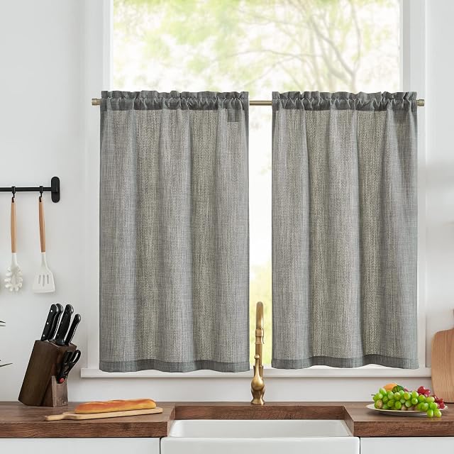 TOPICK Kitchen Curtains 36 Inch Drop Linen Optics Kitchen Curtains Translucent Short Cafe Curtains Small Window Curtains Rod Pocket Rustic Valance for Laundry Room Bathroom 2 Panels Grey