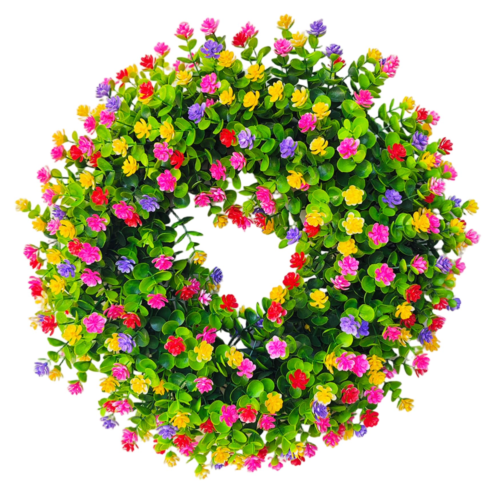 Bemonew Spring Wreaths for Front Door, 15in Artificial Eucalyptus Wreath with Various Small Flowers Vivid Door Decor for All Year Round, Colorful