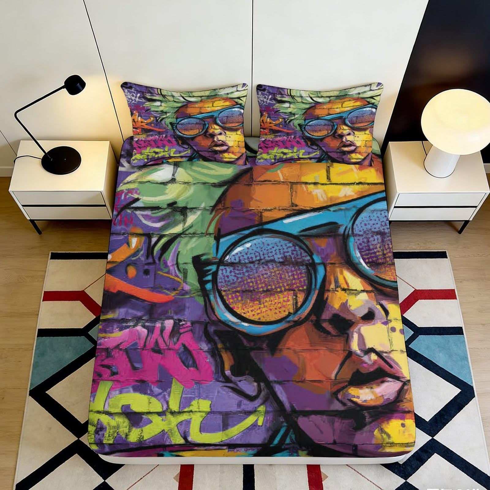 3D Printed Graffiti Art Fitted Sheet Microfiber Soft Breathable Street Portrait Mattress Cover for Bedroom Dorm Decor 160x200x25cm
