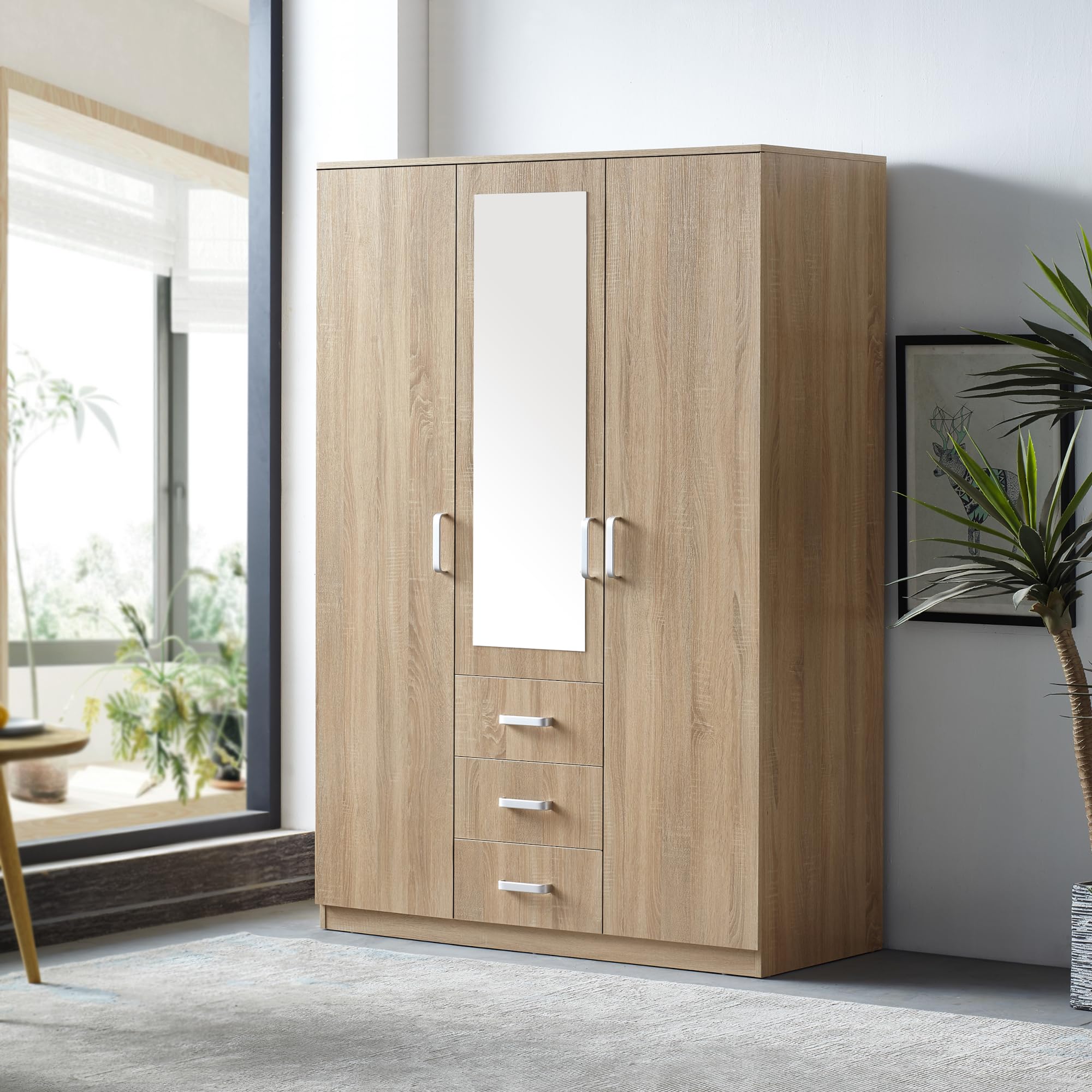 [en.casa] Armario Ropero Bodolz Guardaropa Armario de Almacenamiento con 3 Puertas 1 Perchero 5 Compartimentos 1 Espejo MDF 176 x 120 x 52 cm - Efecto Roble Sonoma