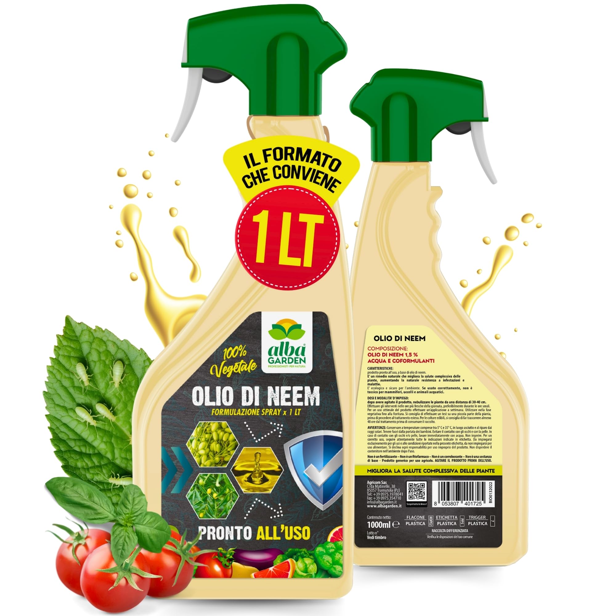 Albagarden - Olio Di Neem Per Piante - MAXI x 1 Litro - Naturale Concentrato, Contro Insetti Funghi Cocciniglia, Acari Afidi Pulci, Cimici, Pidocchi - Spray Pronto Uso - 2