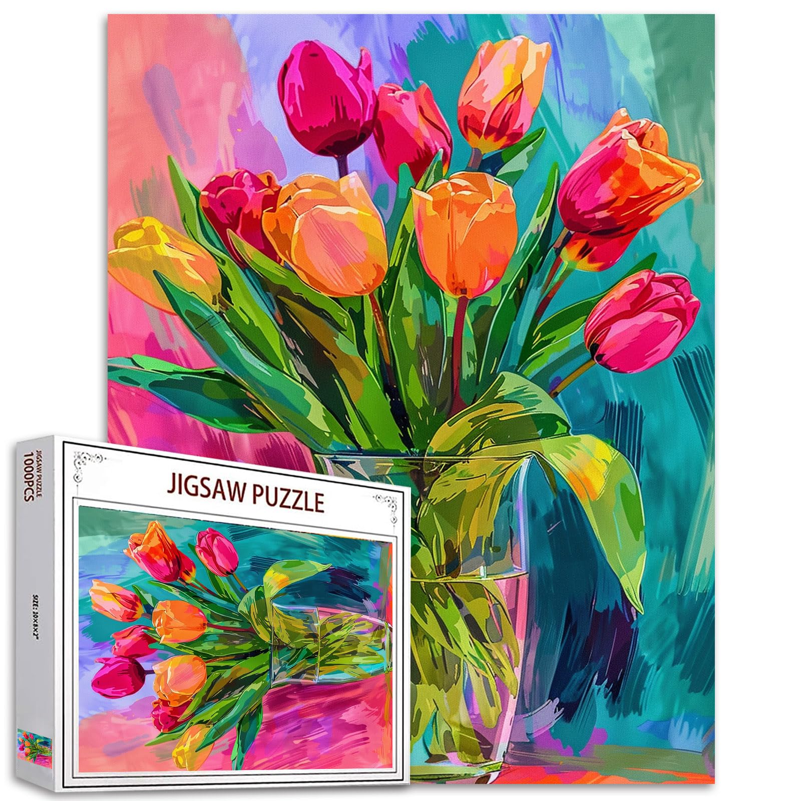 Tucocoo 1000-piece puzzle for adults, vase with tulips, flower painting, puzzle, colorful, floral vintage art, 1000 pieces puzzles for challenging family activities, game, DIY puzzle, โ image 1