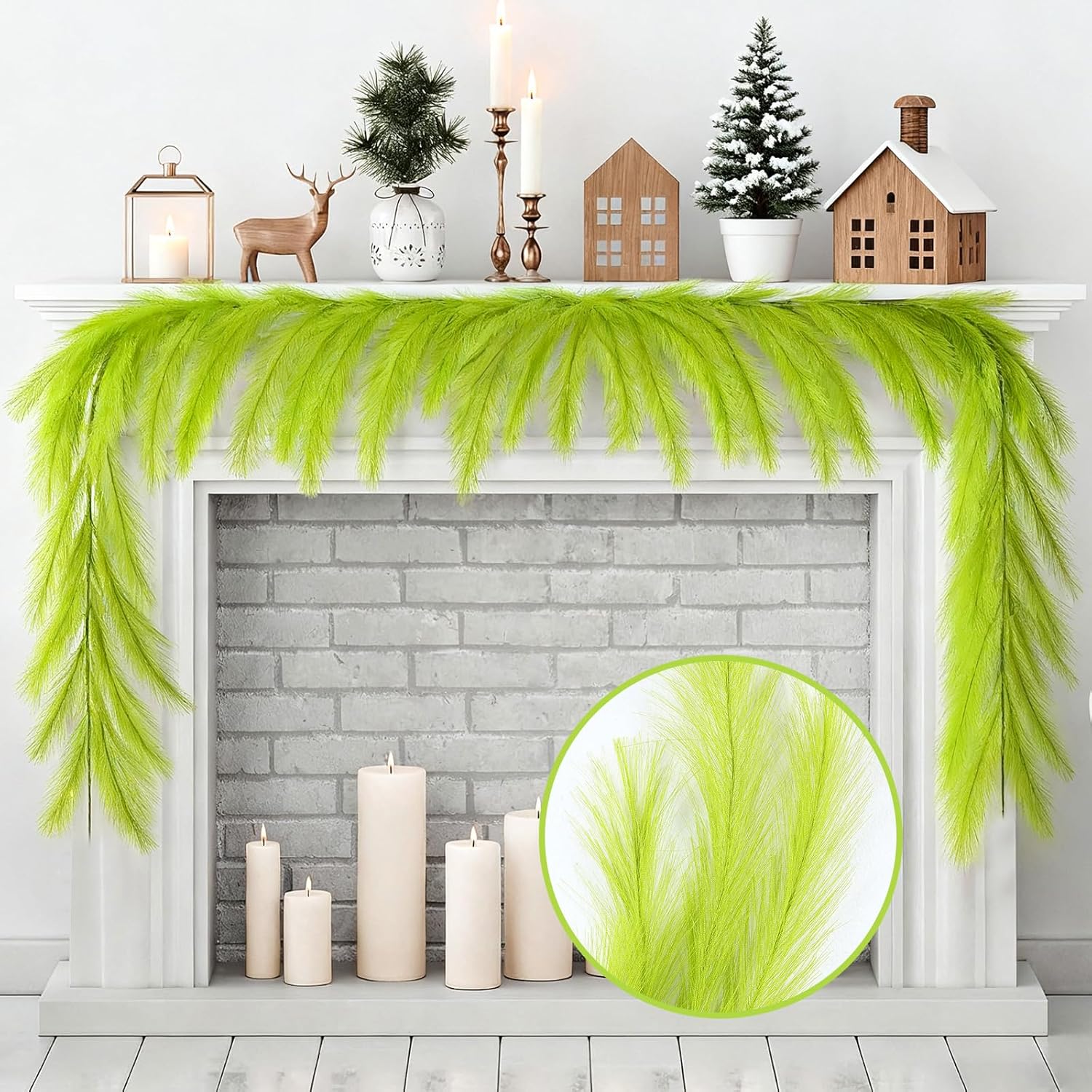 4 Pcs 24 Ft Christmas Tree Garland Decoration Lime Green Pampas Grass Garland Artificial Faux Fabric Feathers Wreath for Mantle Xmas Tree Home Farmhouse Christmas Holiday Party Supplies
