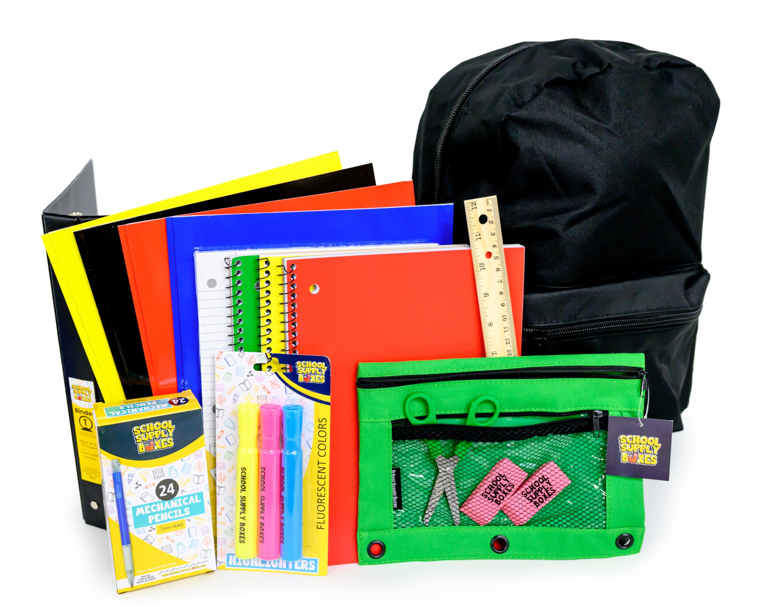 School Supply Boxes | 17" Solid Black Backpack Bundle for High School | Back to School Bookbag with Supplies | Contains Pencil Pouch, Notebooks,
