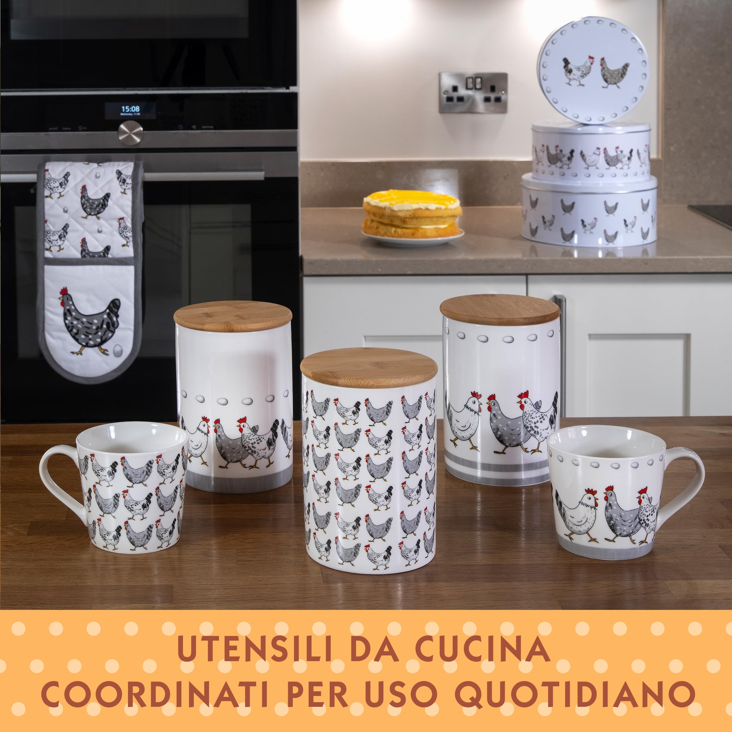 SPOTTED DOG GIFT COMPANY Set di 3 Scatole di Latta, Contenitori Impilabili per Biscotti in Metallo, Barattoli di Latta Rotondi Ermetici per Conservare Torte e Alimenti, Piccoli Medi Grandi - Galline