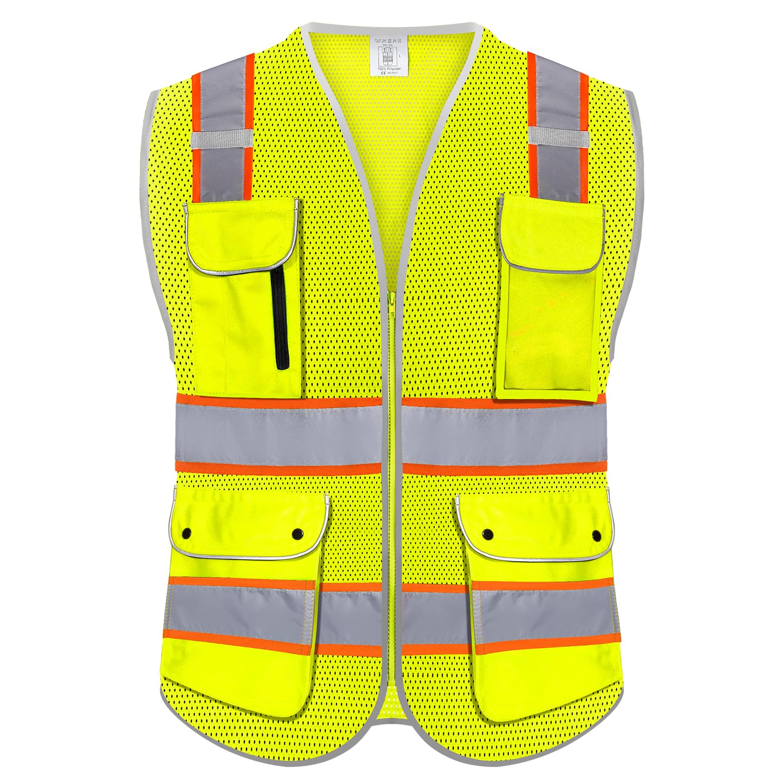 Rhino Hit High Visibility Safety Vest - Reflective Breathable Mesh with 9 Pockets, Front Zipper for Men & Women - Meets ANSI/ISEA Standards