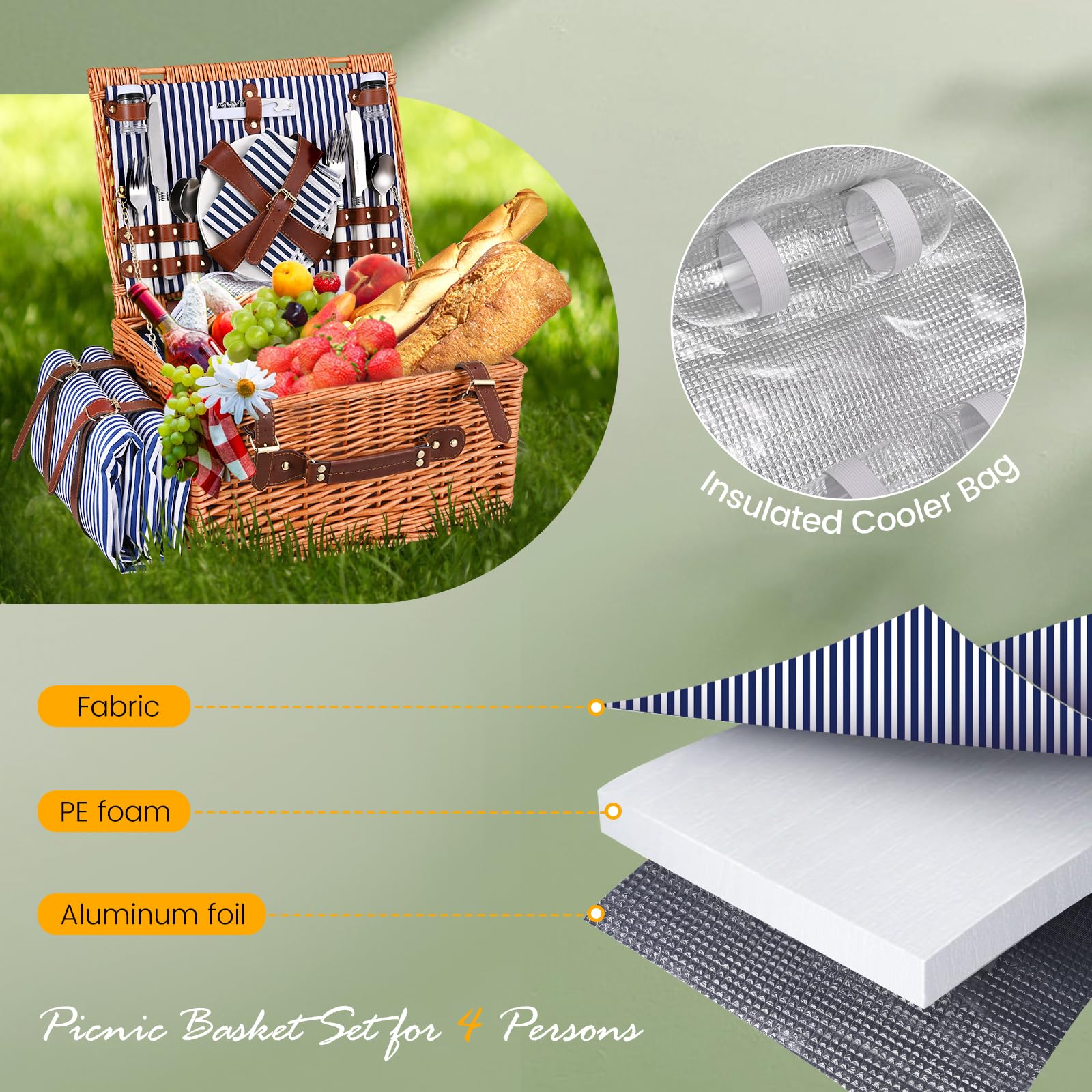 Cestino Picnic, Cesto Picnic Vimini con Scomparto Termico,Cestino Vimini con Coperta Impermeabile e Set di Posate, Set Pic Nic 4 Persone per Campeggio, Cestino Pic Nic(Blu)