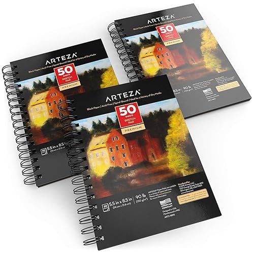ARTEZA Spiral Sketch Book 5.5x8.5 Black Art Paper Drawing Pad 3 Pack 50 Sheets Sketch Pads for Drawing - 5.5x8.5 inch - 3 pack